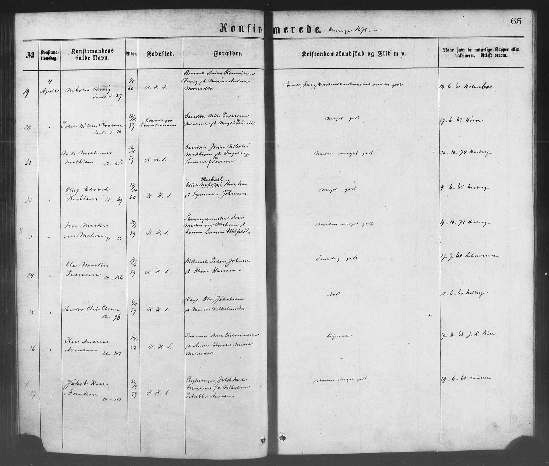 Korskirken sokneprestembete, SAB/A-76101/H/Haa/L0028: Parish register (official) no. C 4, 1868-1879, p. 65