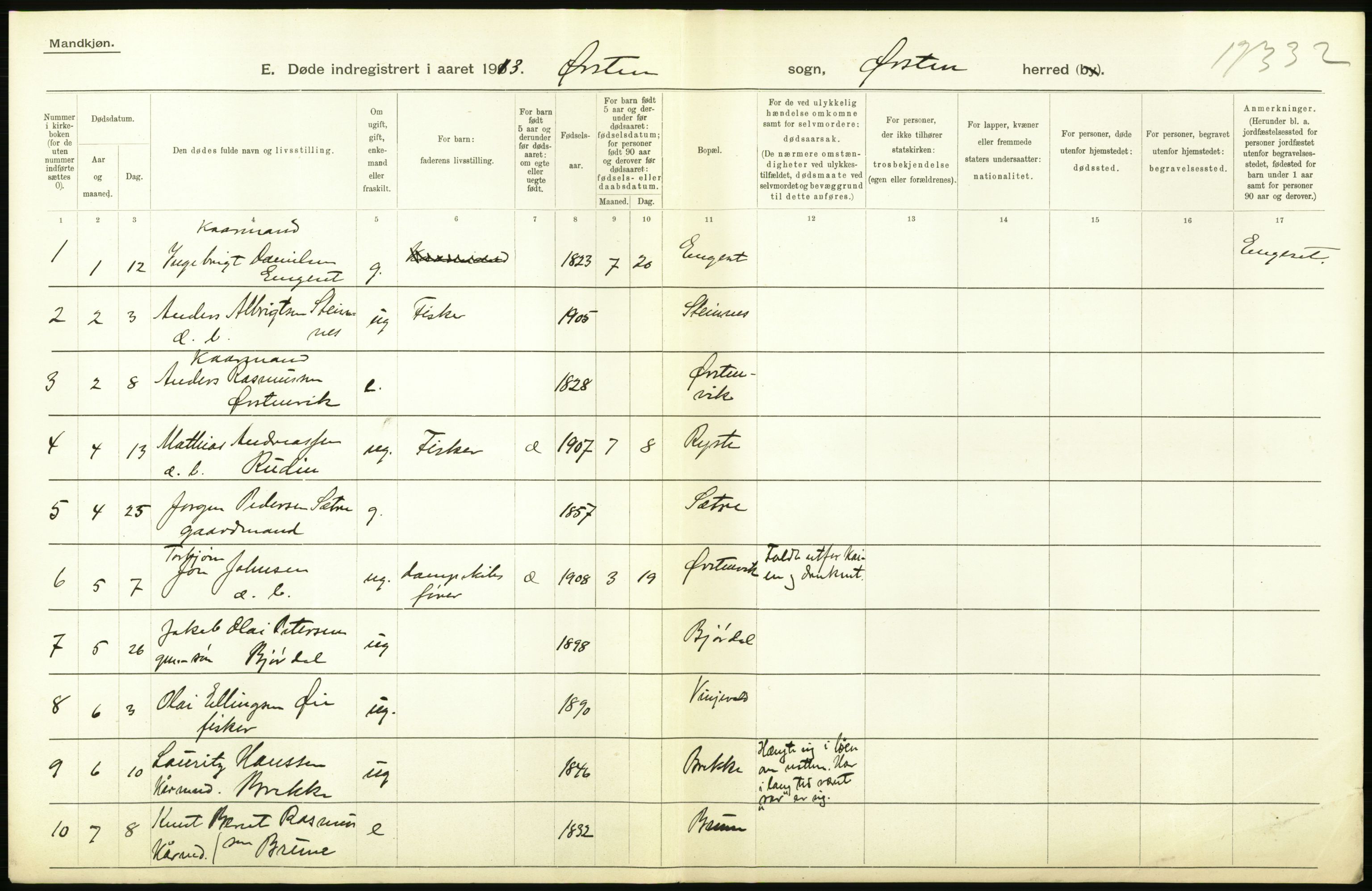 Statistisk sentralbyrå, Sosiodemografiske emner, Befolkning, AV/RA-S-2228/D/Df/Dfb/Dfbc/L0037: Romsdals amt: Døde. Bygder og byer., 1913, p. 18