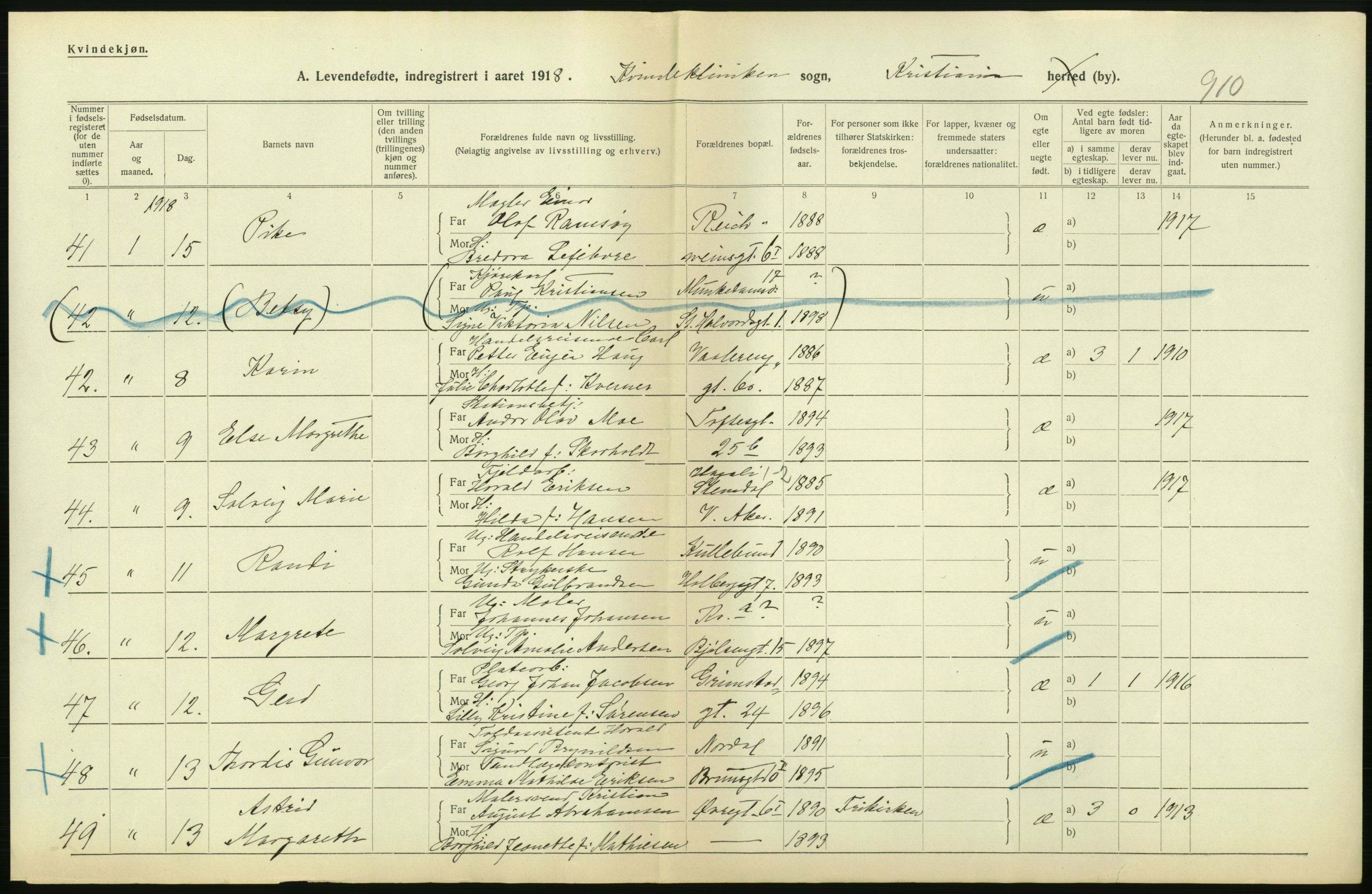 Statistisk sentralbyrå, Sosiodemografiske emner, Befolkning, AV/RA-S-2228/D/Df/Dfb/Dfbh/L0007: Kristiania: Levendefødte menn og kvinner., 1918, p. 28