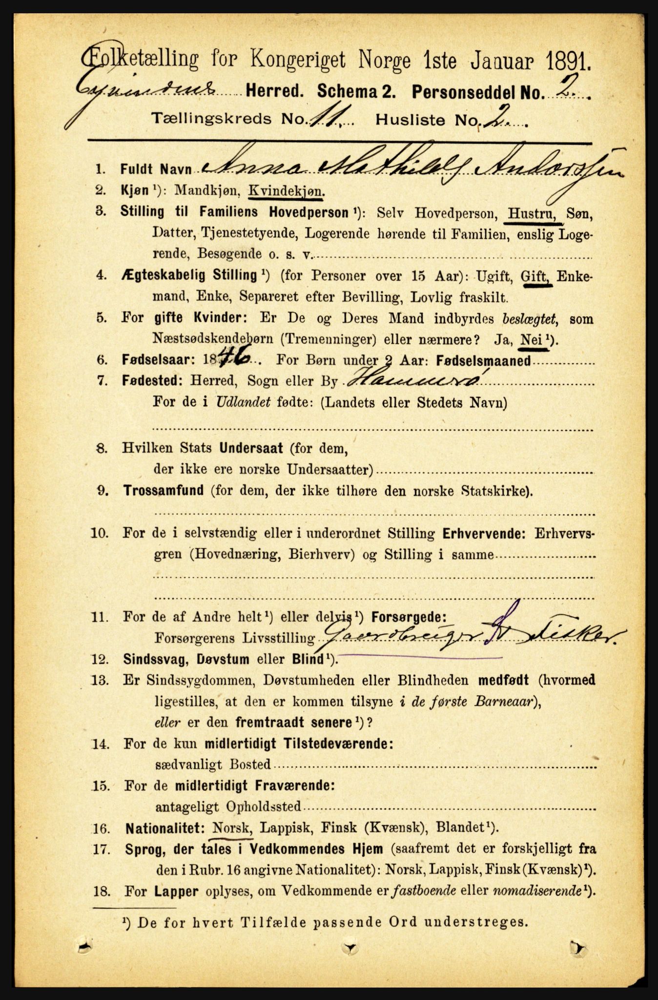 RA, 1891 census for 1853 Evenes, 1891, p. 3477