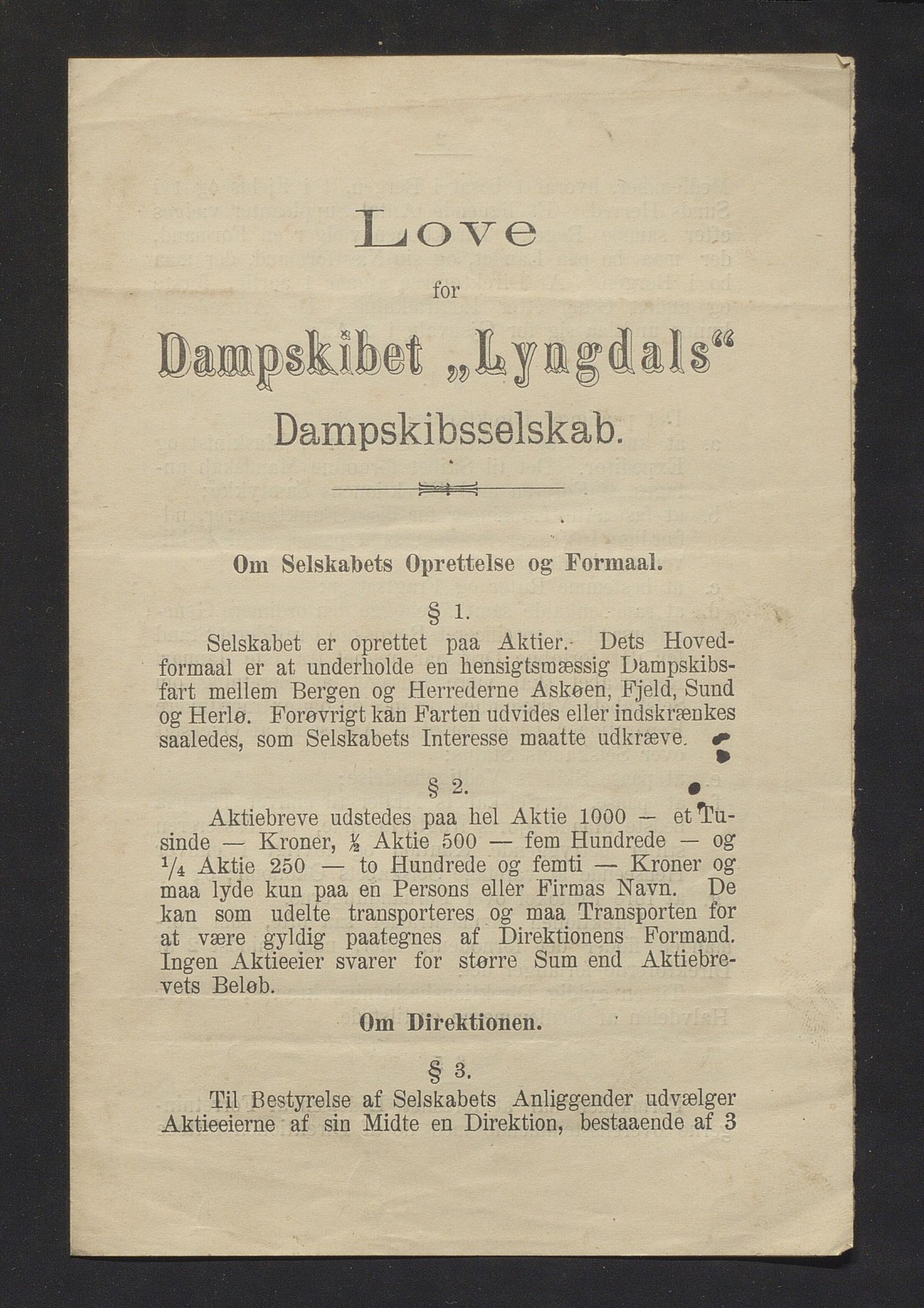 Lyngedals dampskipsselskap, IKAH/1246-pa0013/E/Ea/L0001/0005: Korrespondanse  / Lov for dampskibet Lyngdals Dampskibsselskap , 1892
