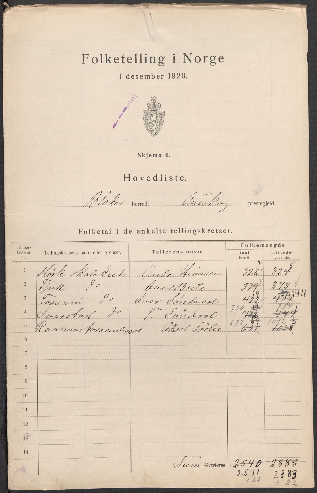 SAO, 1920 census for Blaker, 1920, p. 2