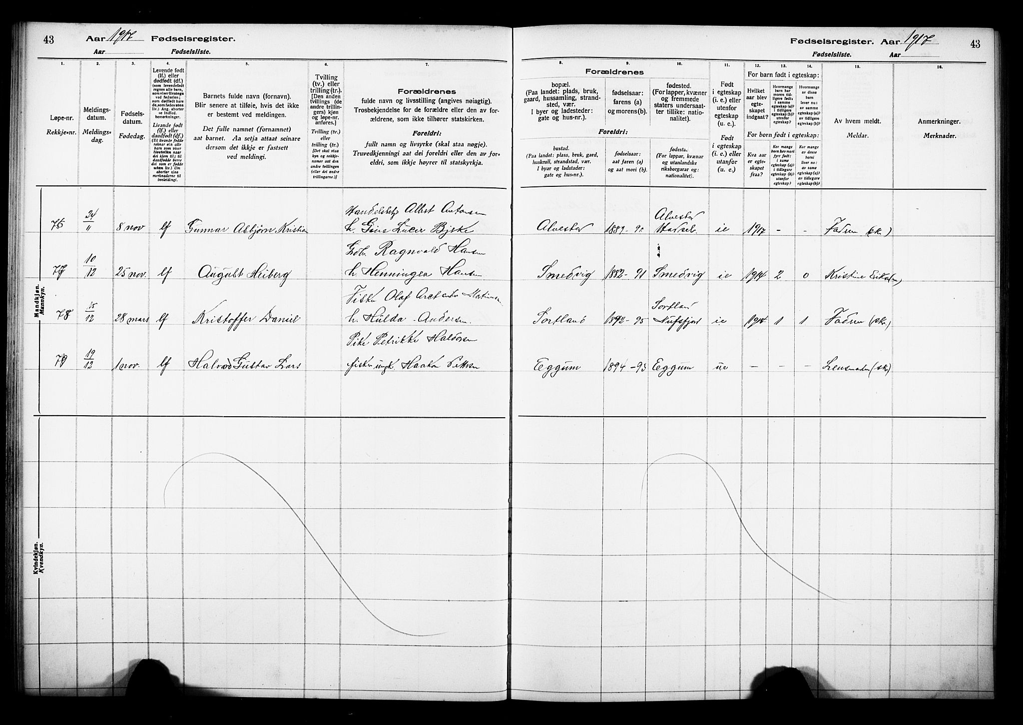 Ministerialprotokoller, klokkerbøker og fødselsregistre - Nordland, AV/SAT-A-1459/880/L1145: Birth register no. 880.II.4.1, 1916-1929, p. 43