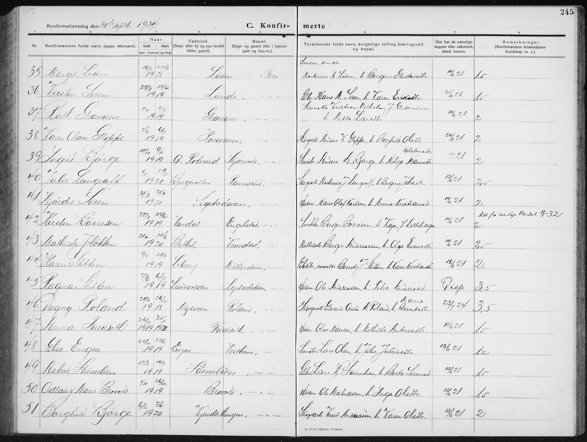 Biri prestekontor, AV/SAH-PREST-096/H/Ha/Hab/L0006: Parish register (copy) no. 6, 1909-1938, p. 245