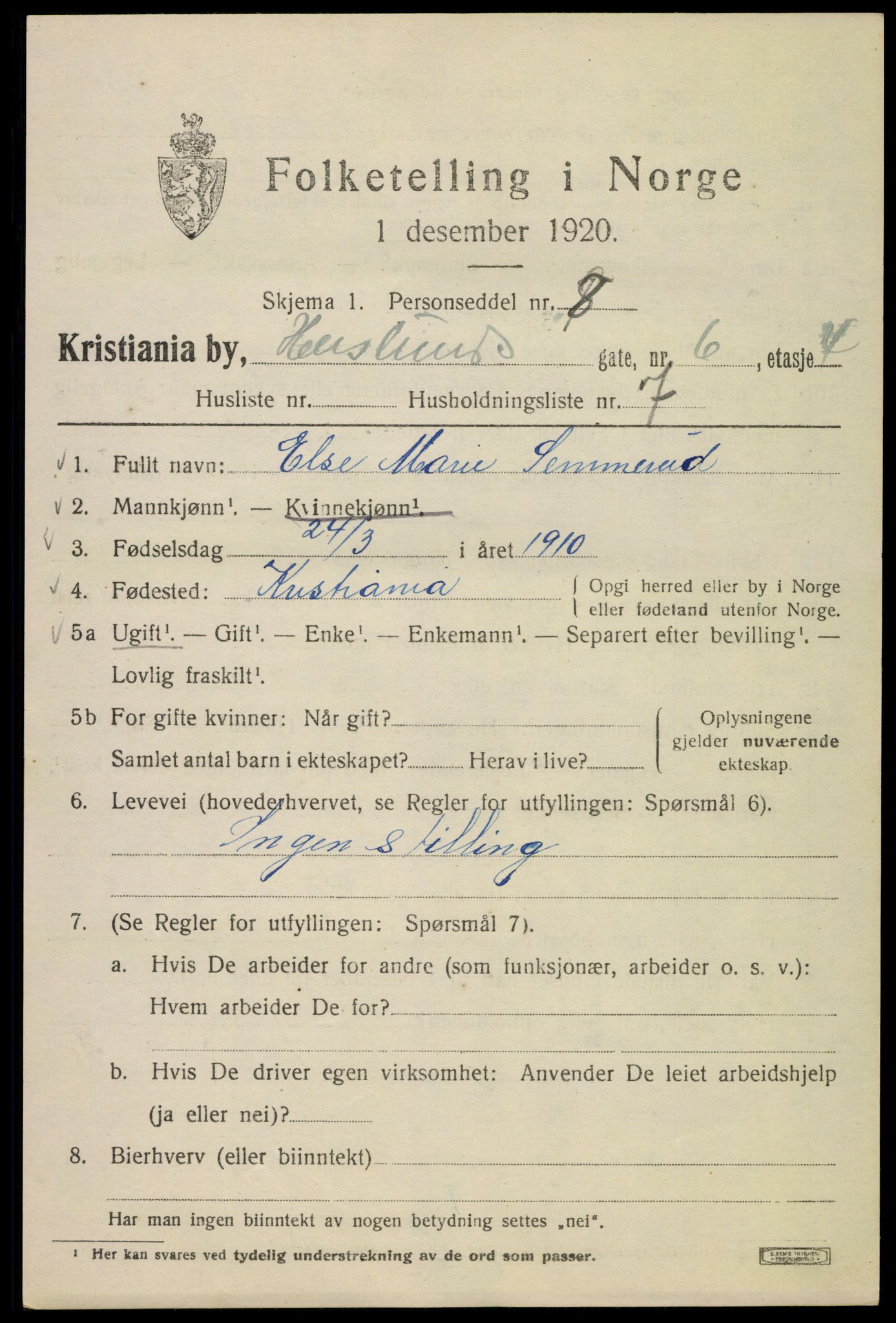 SAO, 1920 census for Kristiania, 1920, p. 272413