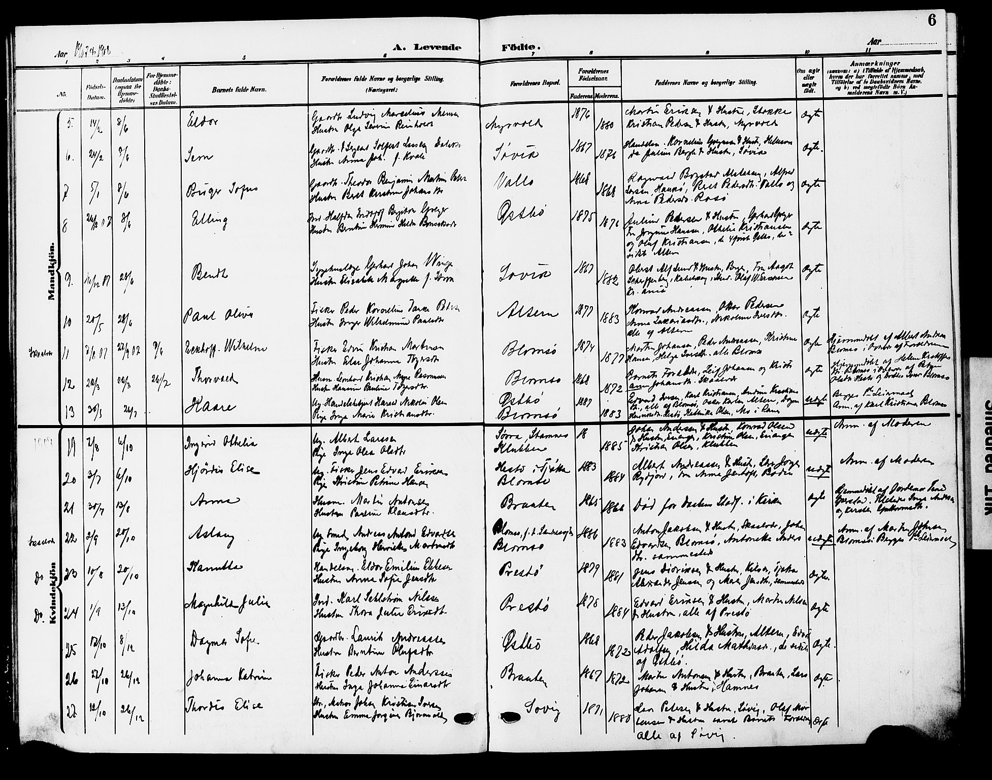 Ministerialprotokoller, klokkerbøker og fødselsregistre - Nordland, AV/SAT-A-1459/830/L0464: Parish register (copy) no. 830C06, 1906-1925, p. 6