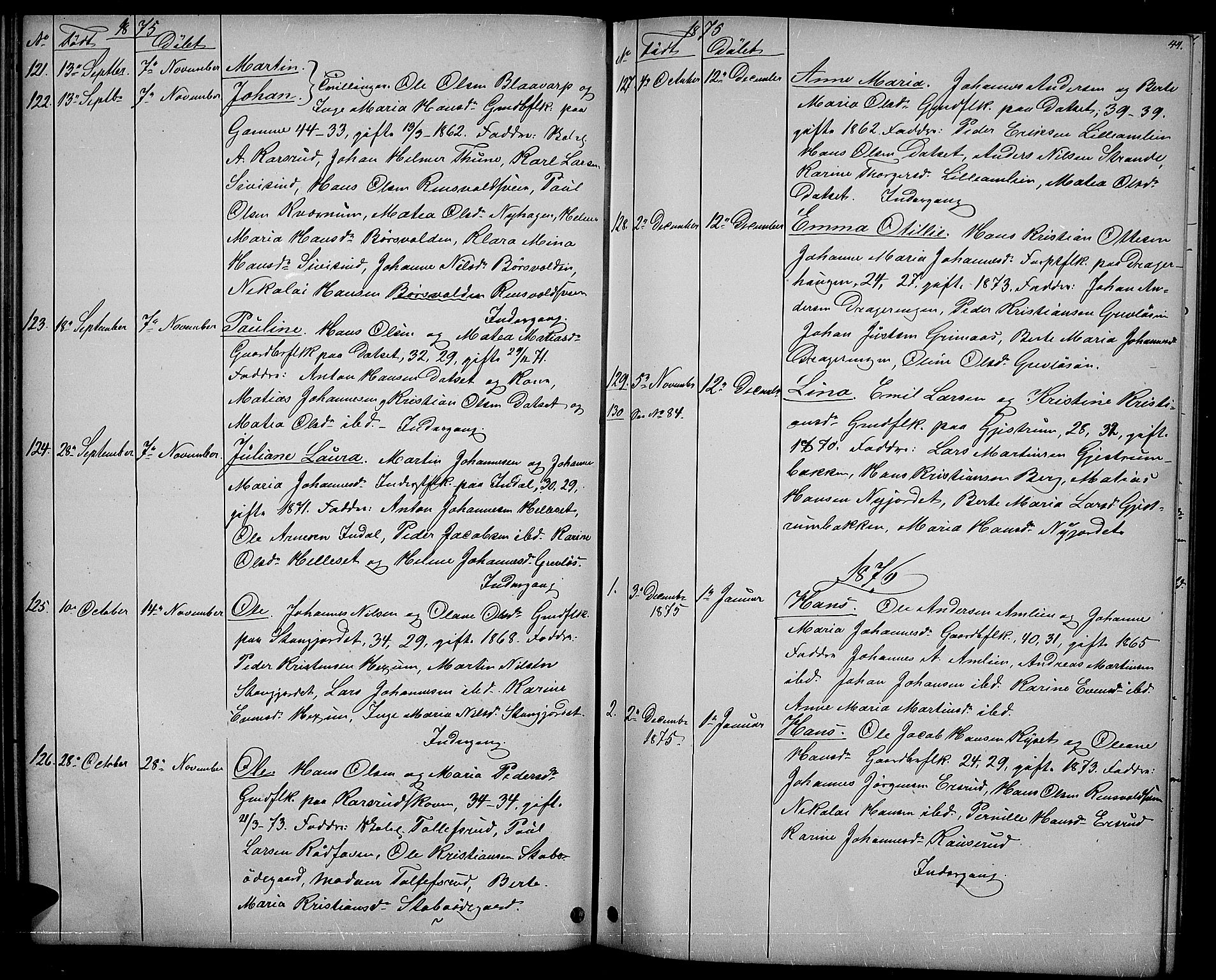 Vestre Toten prestekontor, SAH/PREST-108/H/Ha/Hab/L0006: Parish register (copy) no. 6, 1870-1887, p. 44