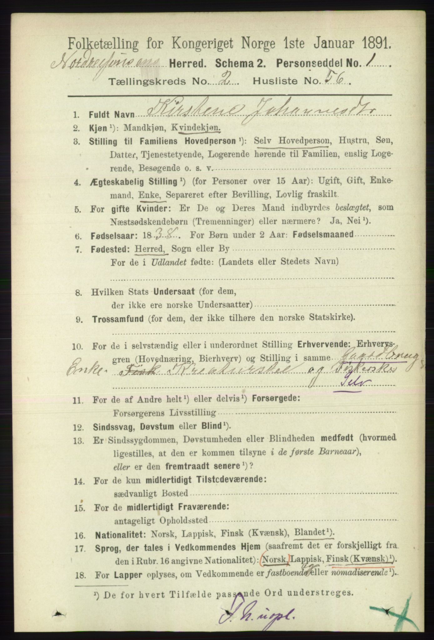 RA, 1891 census for 1942 Nordreisa, 1891, p. 1191