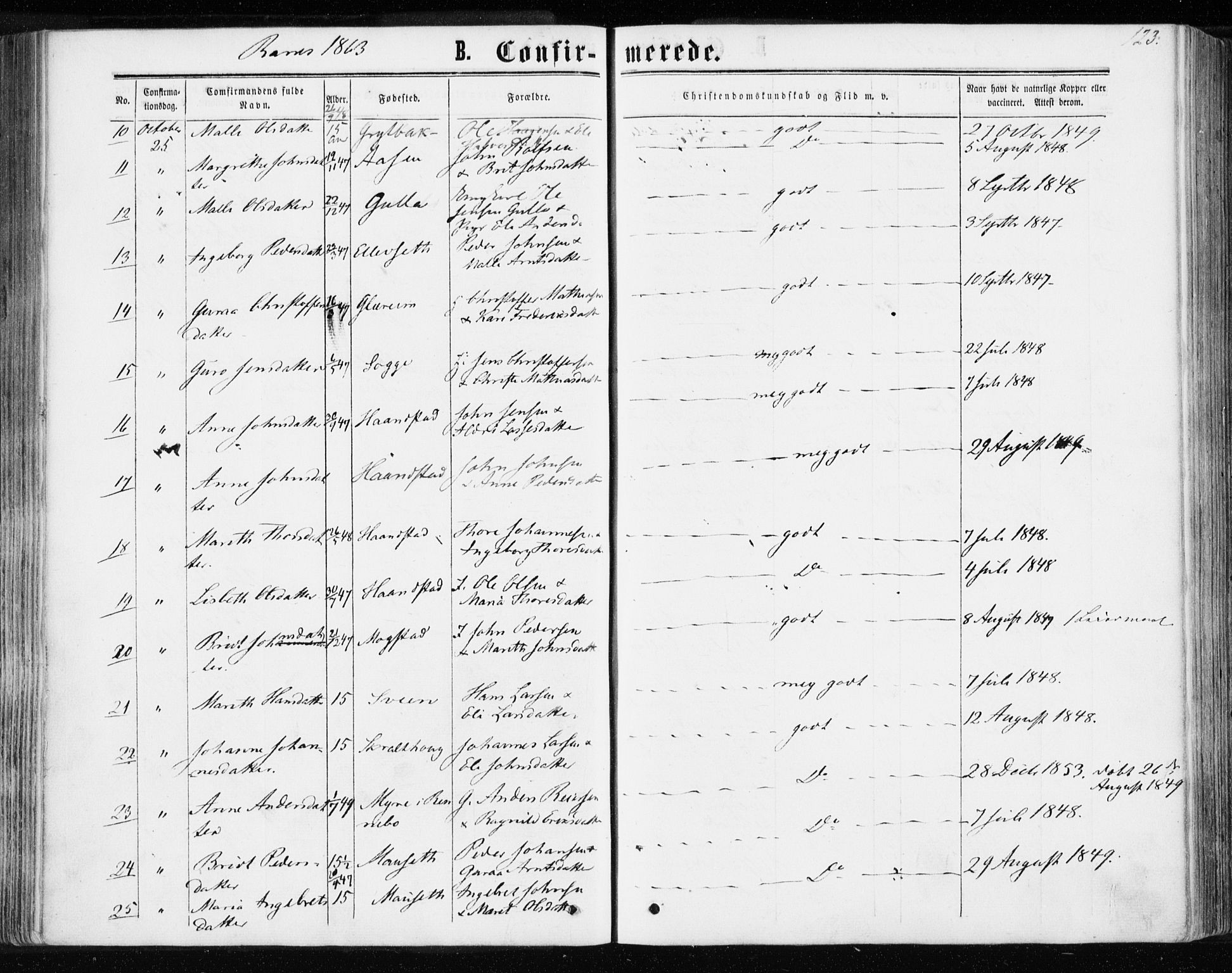 Ministerialprotokoller, klokkerbøker og fødselsregistre - Møre og Romsdal, SAT/A-1454/595/L1045: Parish register (official) no. 595A07, 1863-1873, p. 123