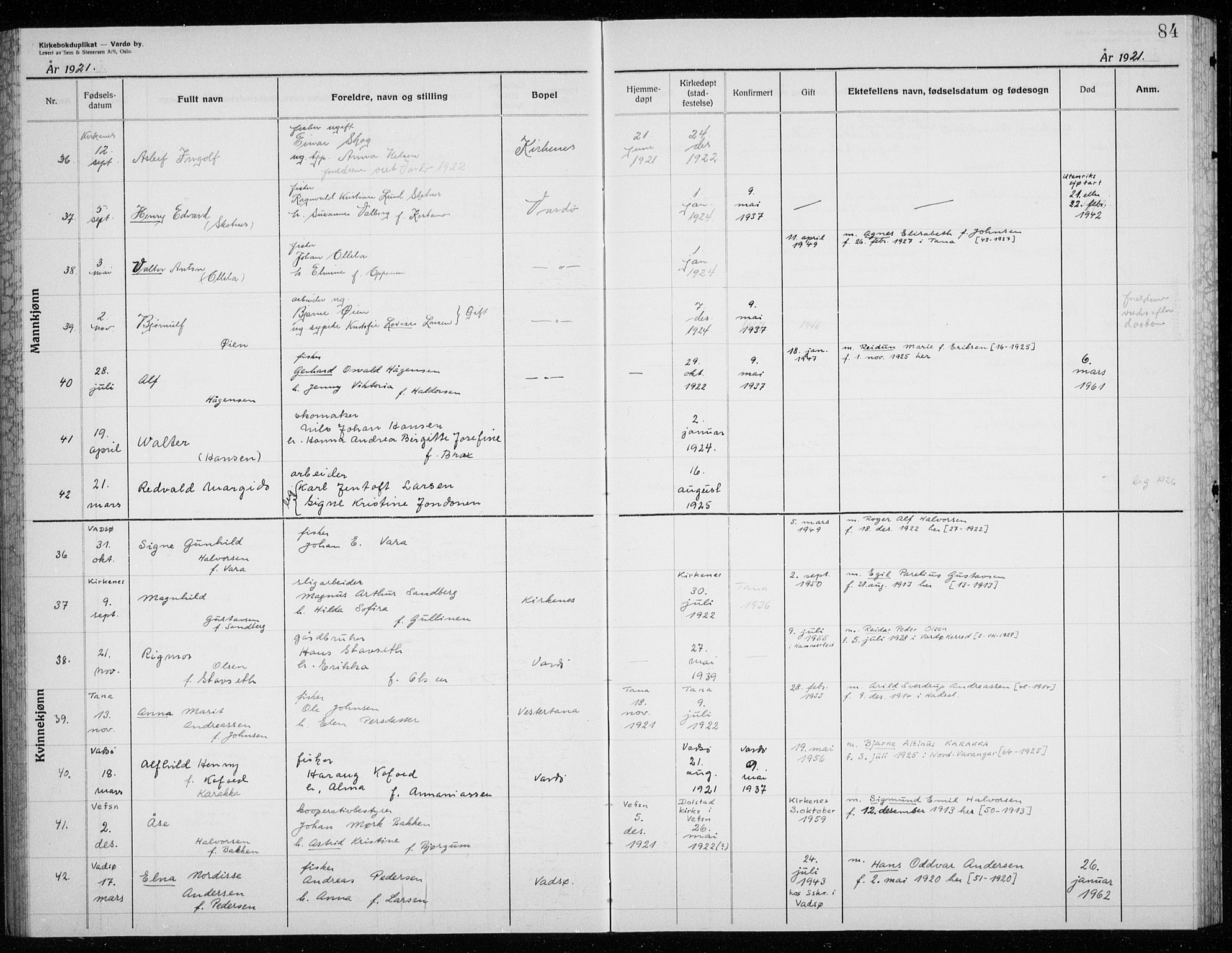 Vardø sokneprestkontor, AV/SATØ-S-1332/H/Hc/L0002kirkerekon: Other parish register no. 2, 1915-1929, p. 84