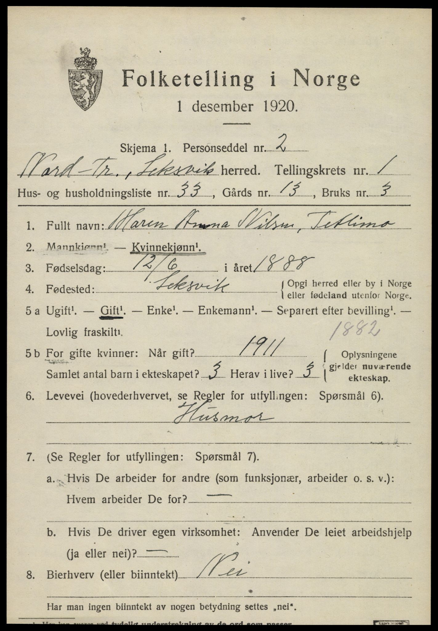 SAT, 1920 census for Leksvik, 1920, p. 1556