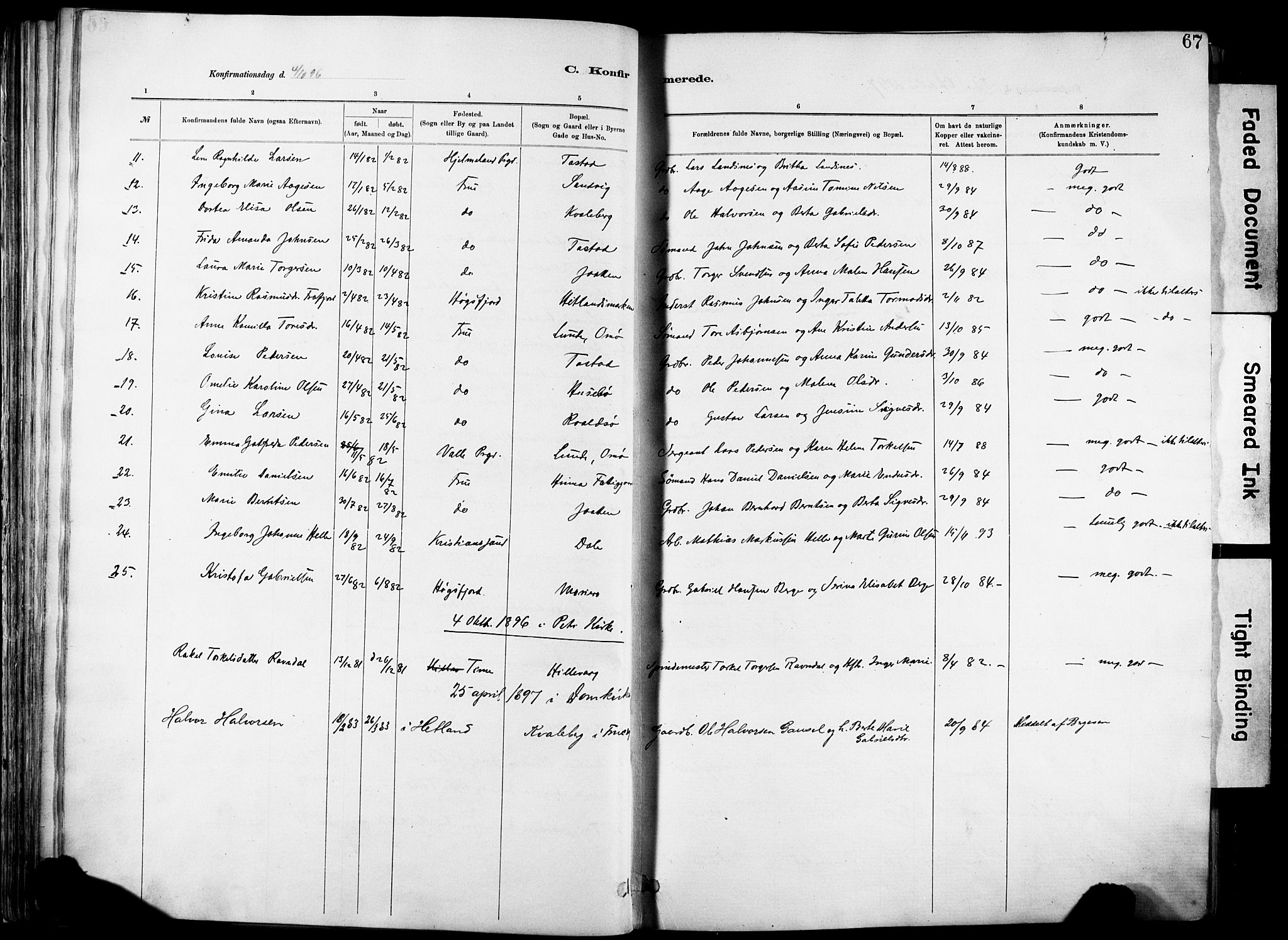 Hetland sokneprestkontor, SAST/A-101826/30/30BA/L0012: Parish register (official) no. A 12, 1882-1912, p. 67