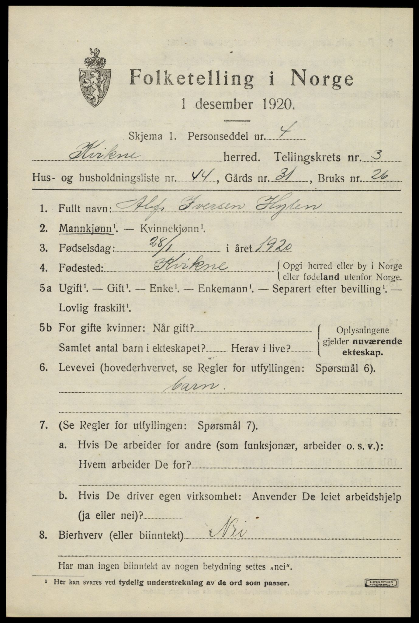 SAH, 1920 census for Kvikne, 1920, p. 1608