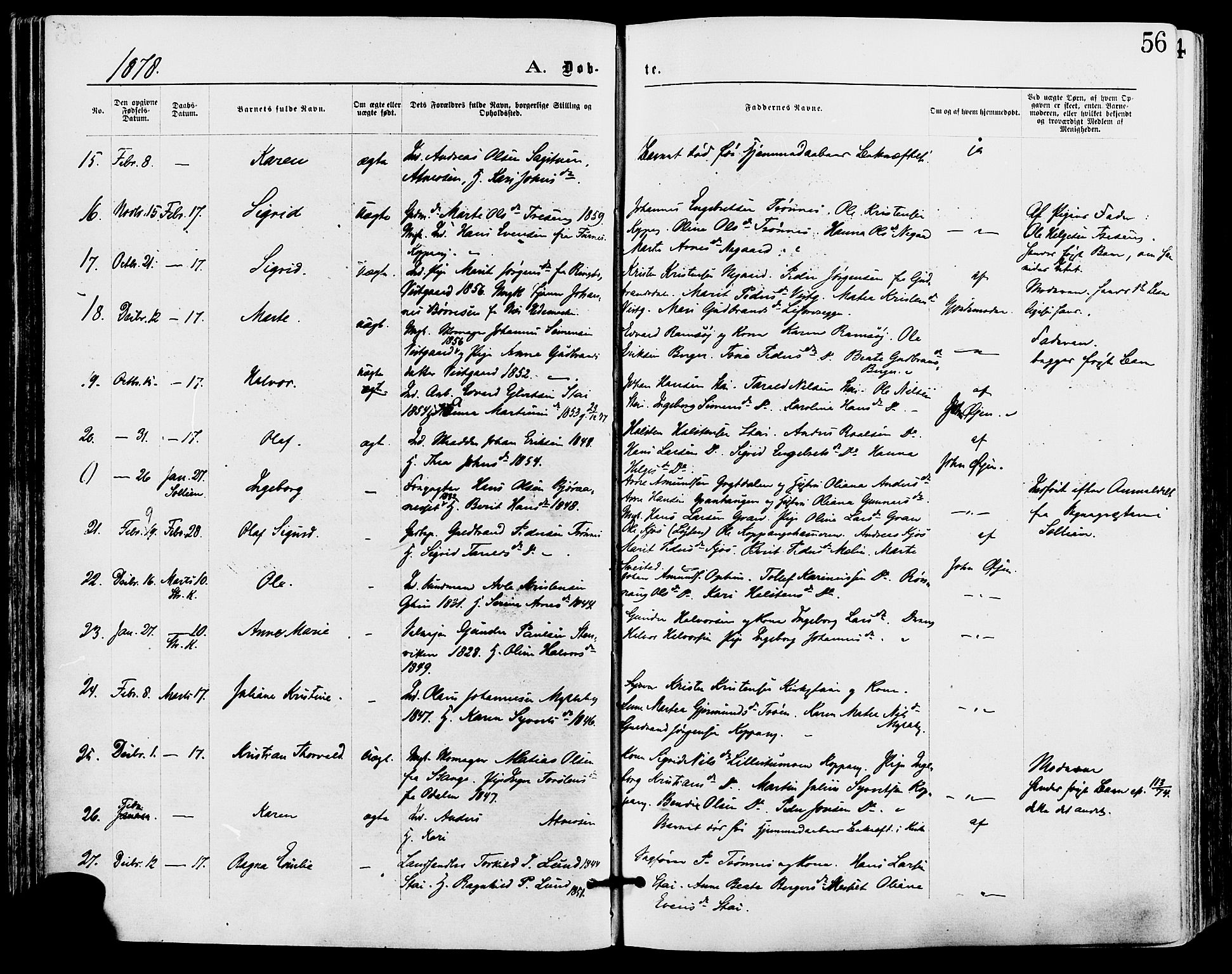 Stor-Elvdal prestekontor, AV/SAH-PREST-052/H/Ha/Haa/L0001: Parish register (official) no. 1, 1871-1882, p. 56