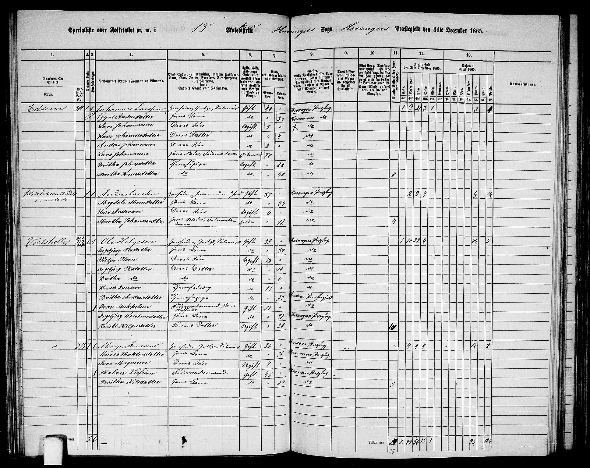 RA, 1865 census for Hosanger, 1865, p. 86