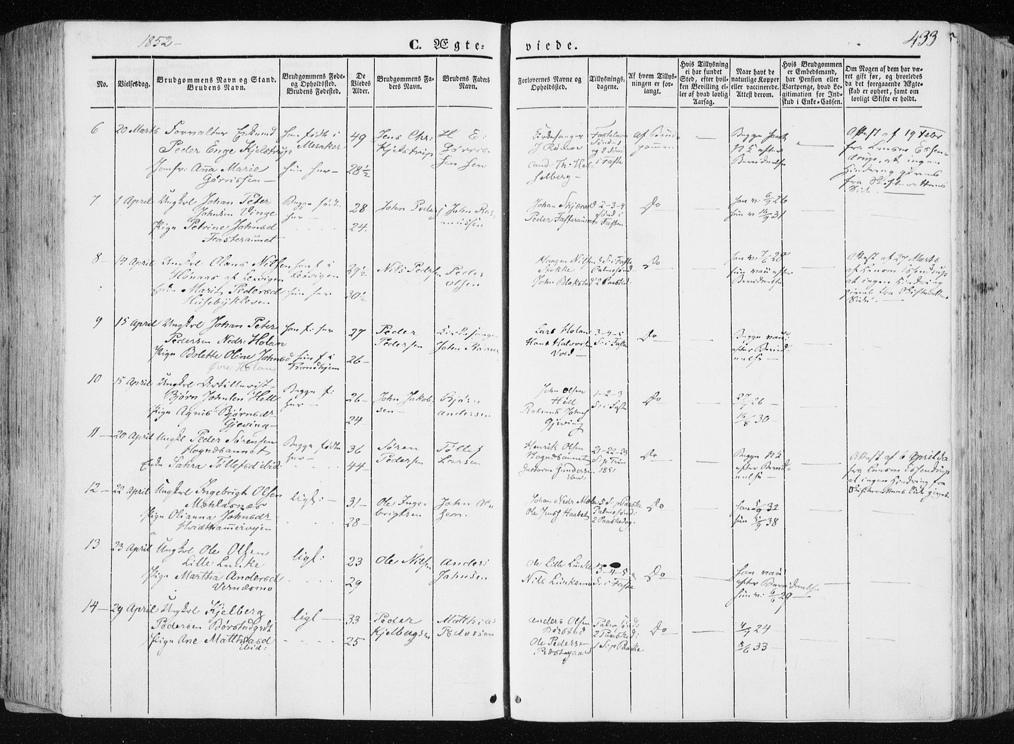 Ministerialprotokoller, klokkerbøker og fødselsregistre - Nord-Trøndelag, AV/SAT-A-1458/709/L0074: Parish register (official) no. 709A14, 1845-1858, p. 433