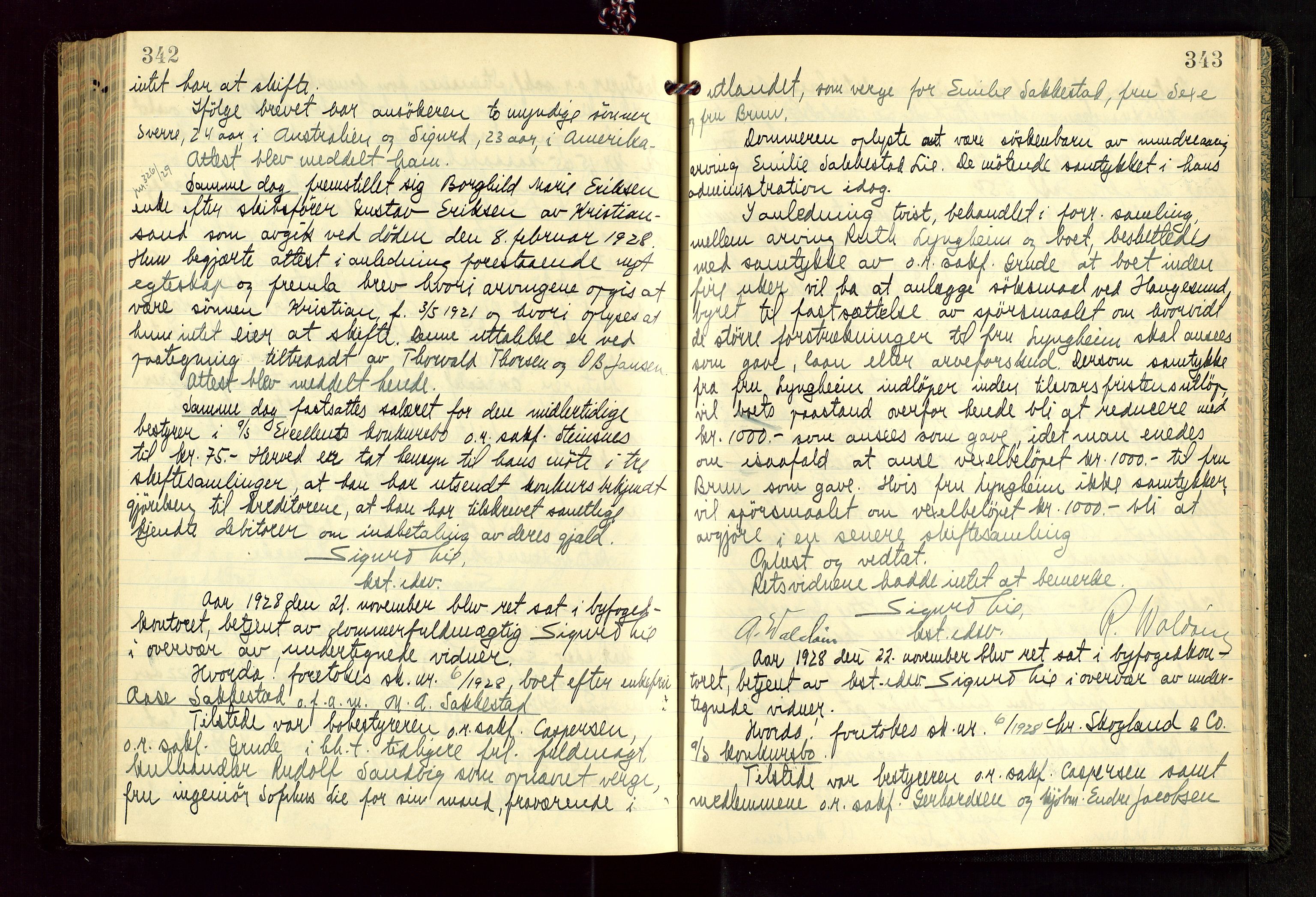 Haugesund tingrett, AV/SAST-A-101415/01/IV/IVC/L0005: Skifteforhandlingsprotokoll, med register, 1927-1929, p. 342-343