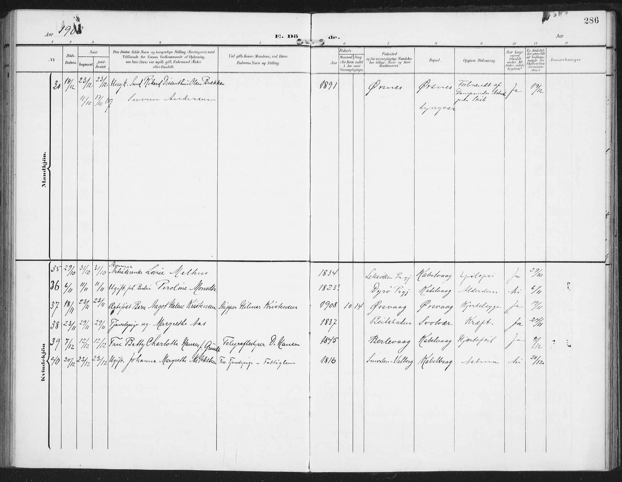 Ministerialprotokoller, klokkerbøker og fødselsregistre - Nordland, AV/SAT-A-1459/874/L1063: Parish register (official) no. 874A07, 1907-1915, p. 286