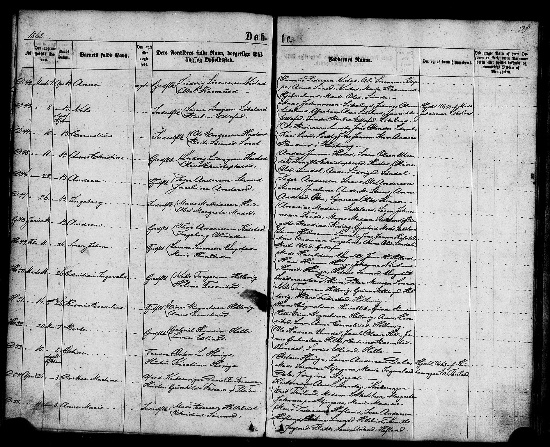 Fjaler sokneprestembete, AV/SAB-A-79801/H/Haa/Haaa/L0007: Parish register (official) no. A 7, 1862-1881, p. 39