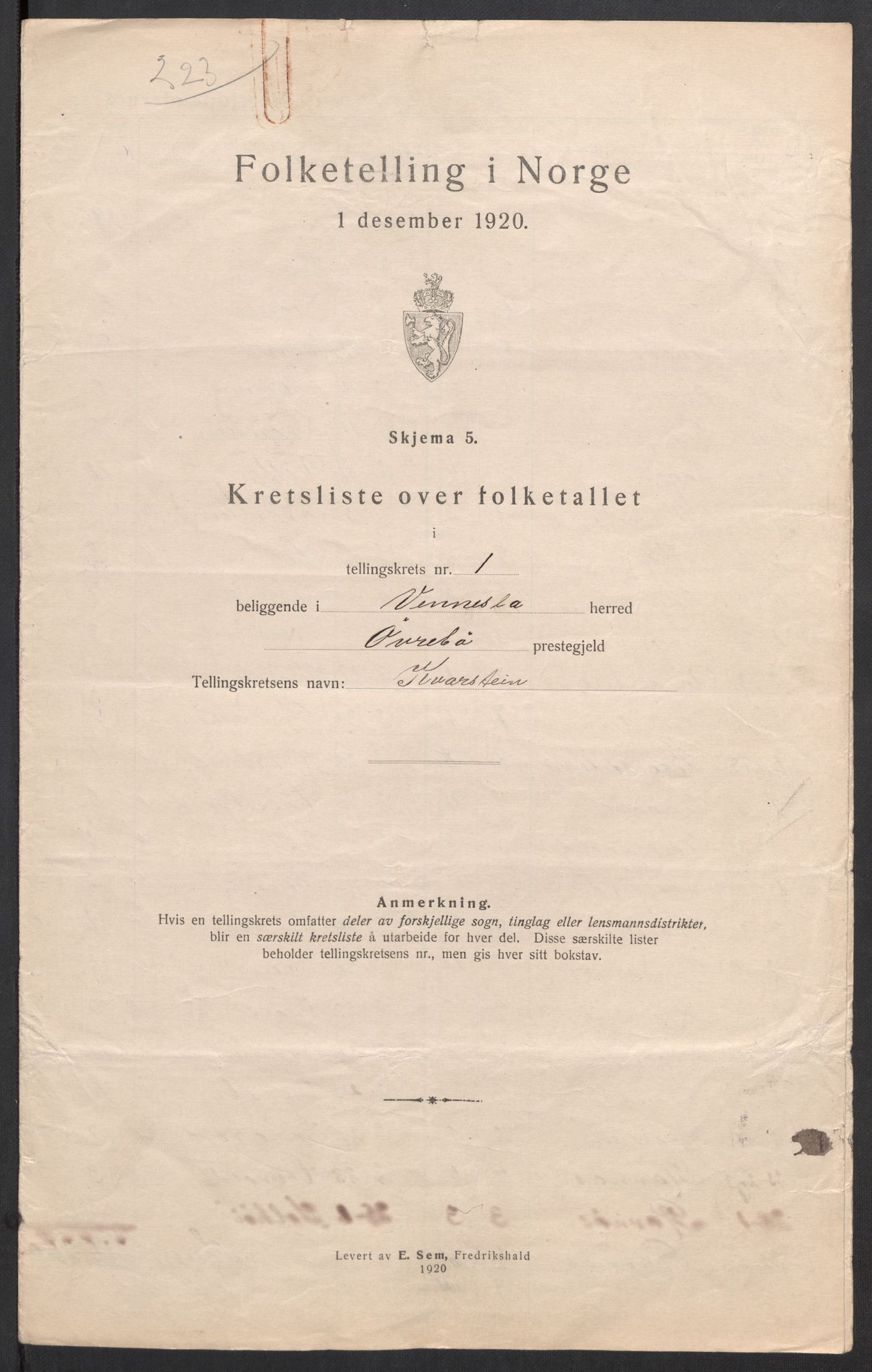 SAK, 1920 census for Vennesla, 1920, p. 7