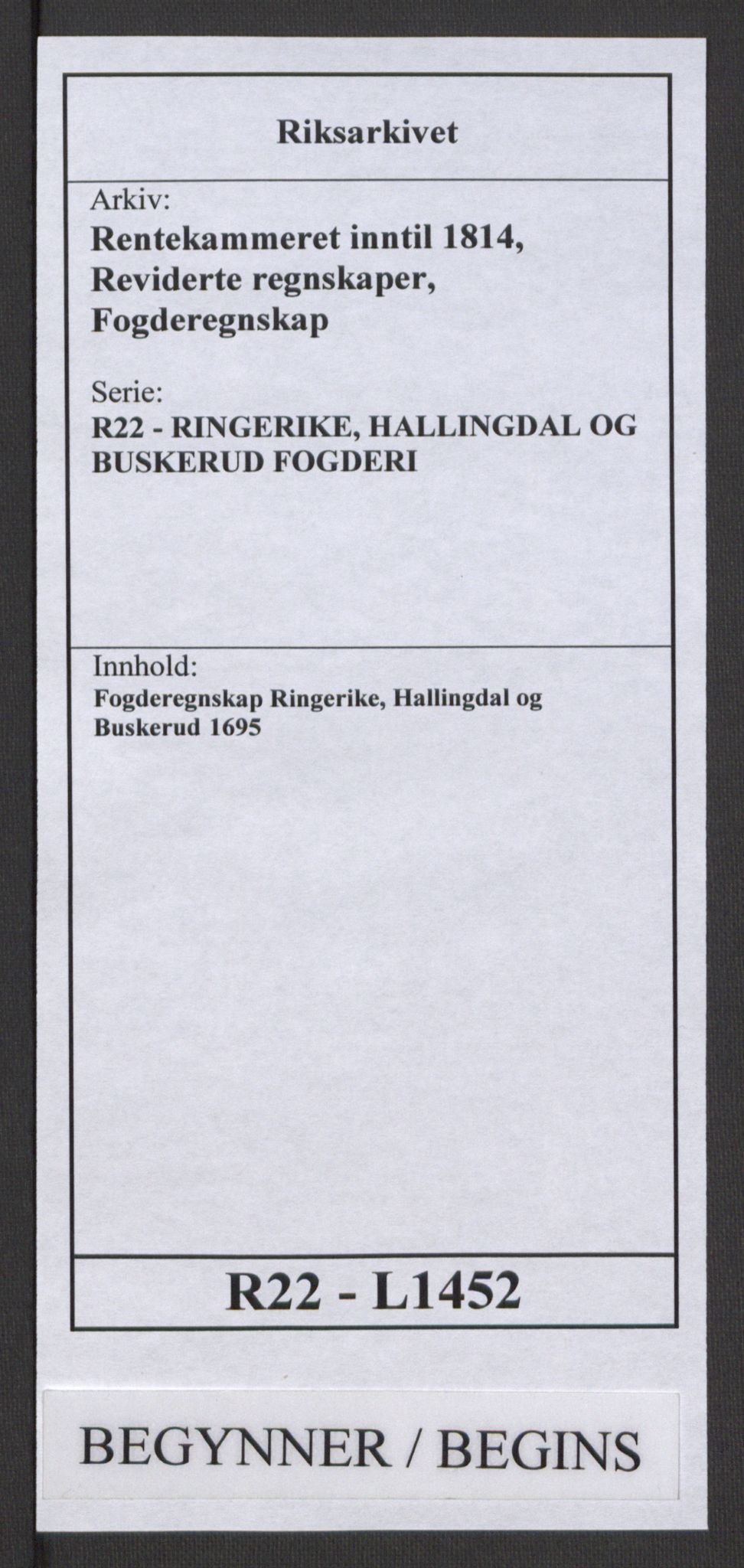 Rentekammeret inntil 1814, Reviderte regnskaper, Fogderegnskap, RA/EA-4092/R22/L1452: Fogderegnskap Ringerike, Hallingdal og Buskerud, 1695, p. 1