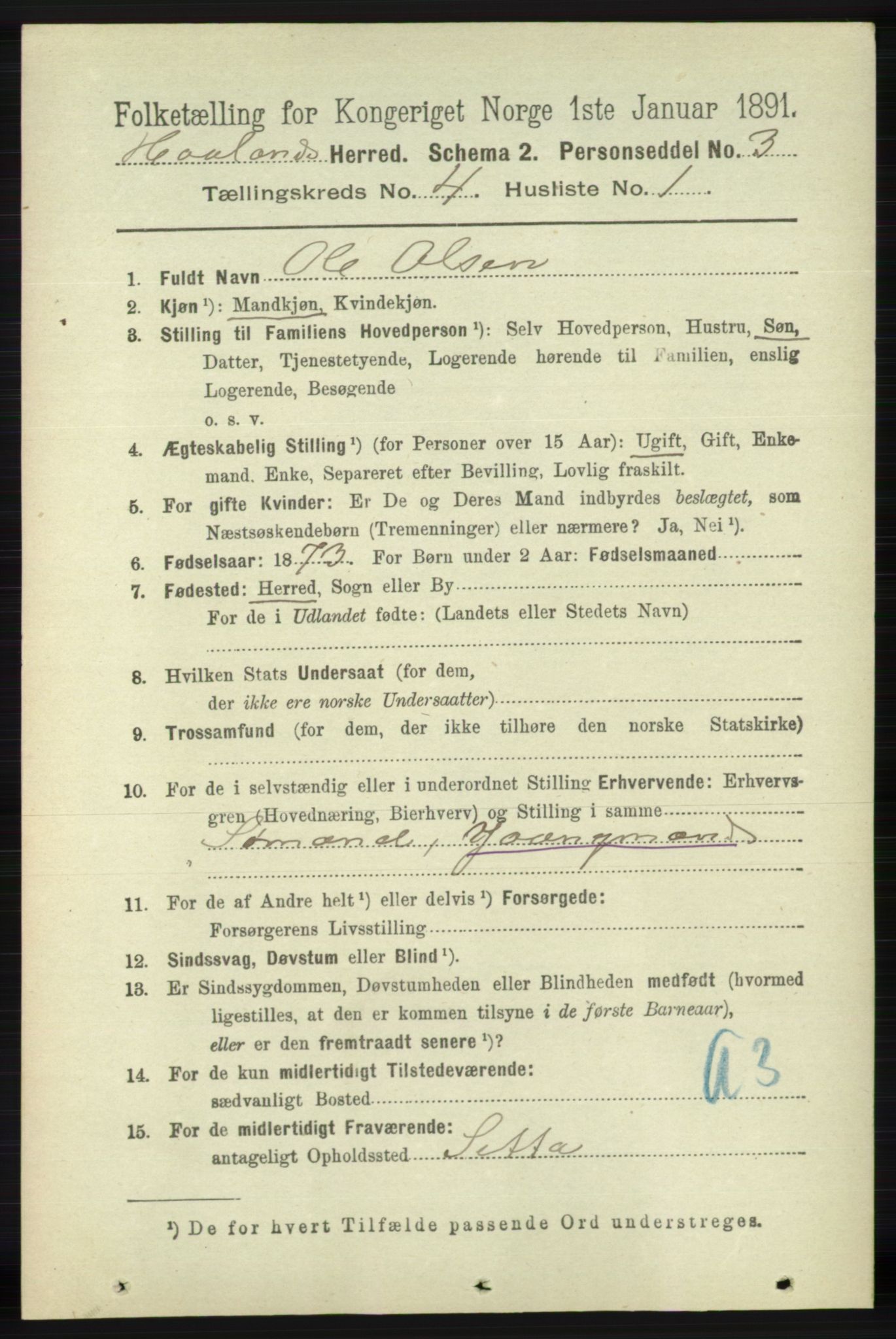 RA, 1891 census for 1124 Haaland, 1891, p. 2418