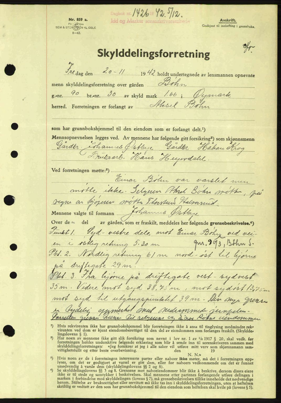 Idd og Marker sorenskriveri, AV/SAO-A-10283/G/Gb/Gbb/L0005: Mortgage book no. A5, 1941-1943, Diary no: : 1426/1942