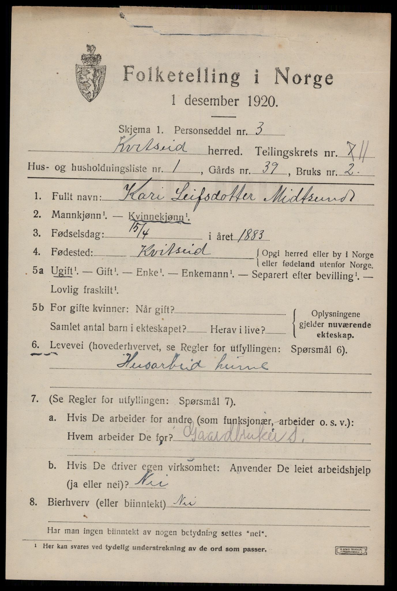 SAKO, 1920 census for Kviteseid, 1920, p. 5239