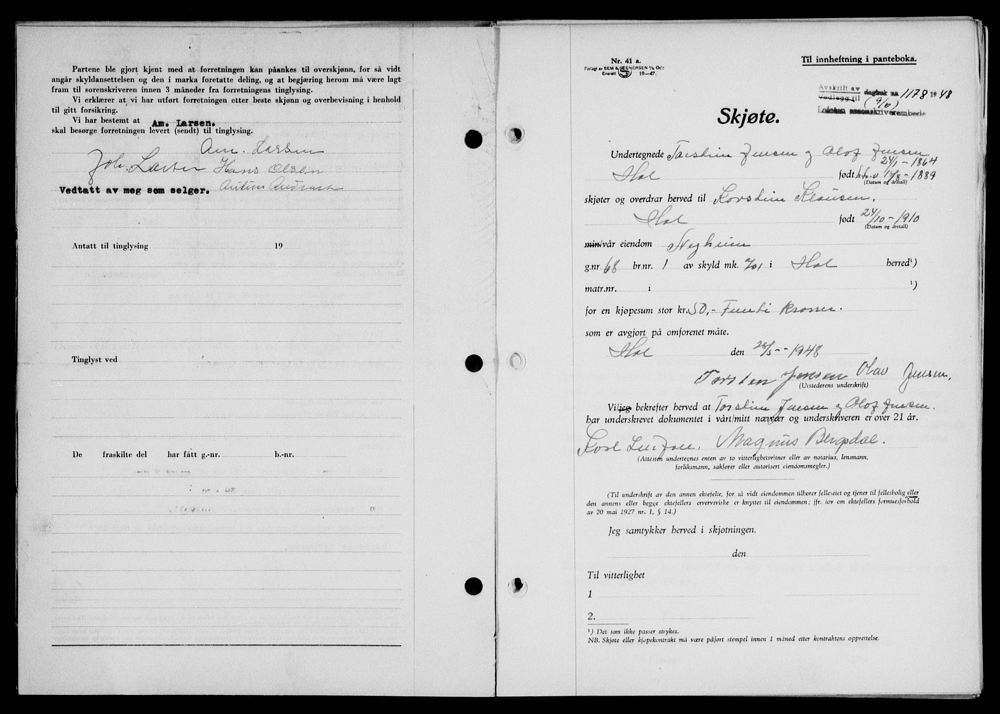 Lofoten sorenskriveri, SAT/A-0017/1/2/2C/L0018a: Mortgage book no. 18a, 1948-1948, Diary no: : 1178/1948