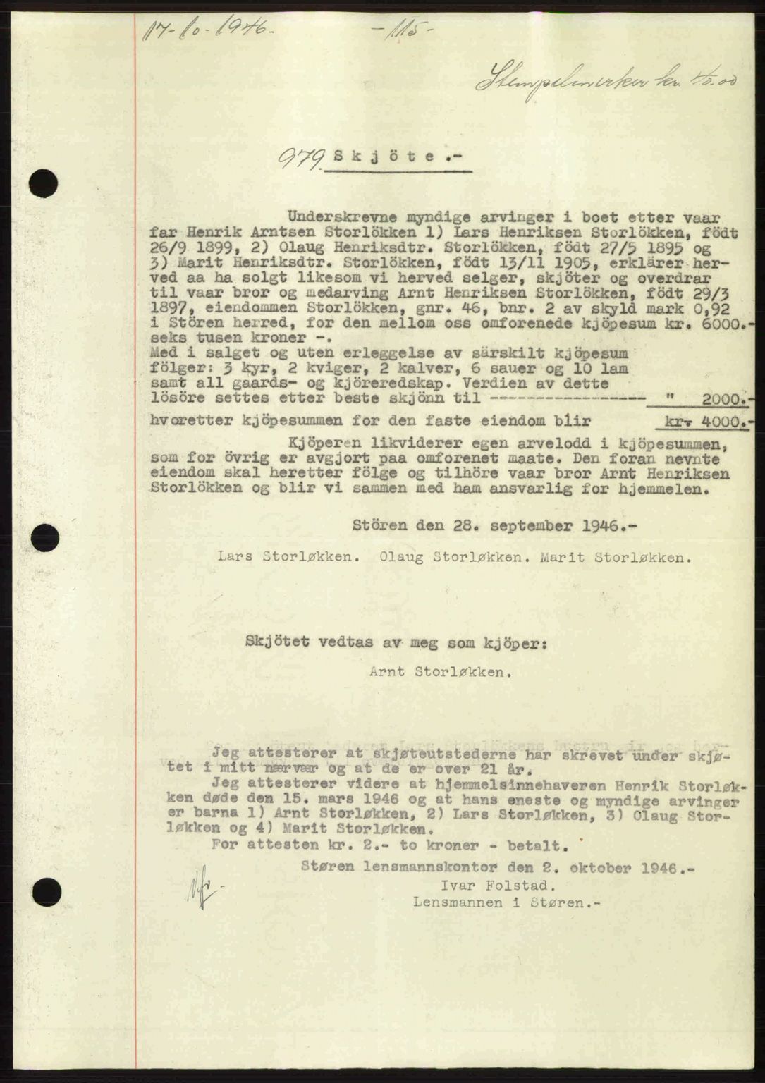 Gauldal sorenskriveri, SAT/A-0014/1/2/2C: Mortgage book no. A2, 1946-1946, Diary no: : 979/1946