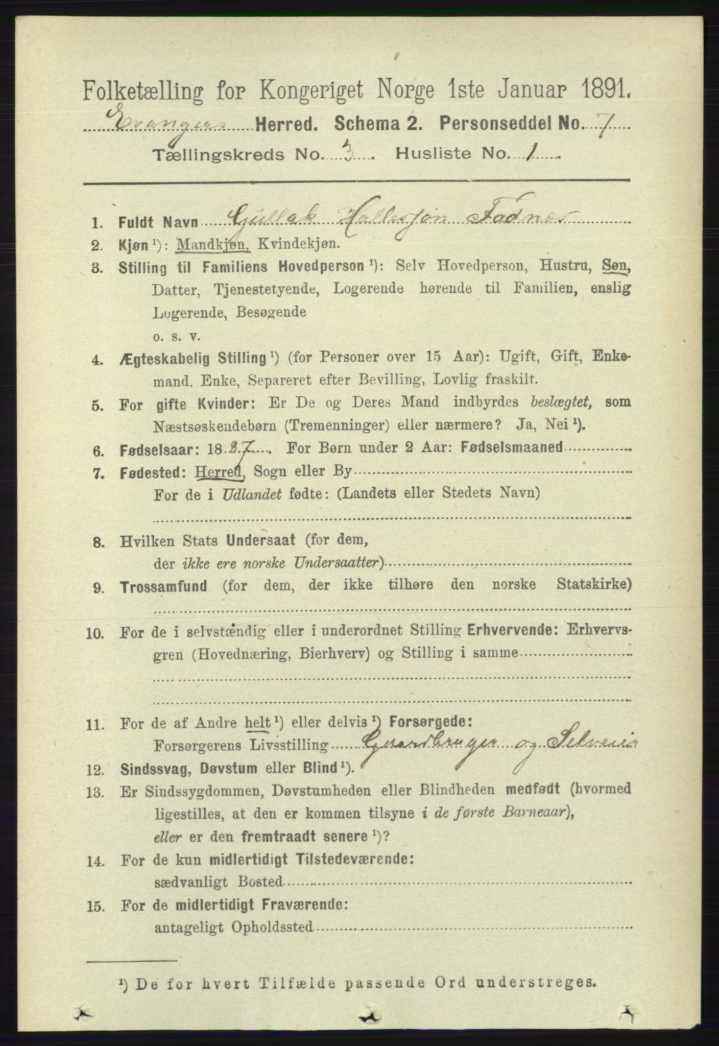 RA, 1891 census for 1237 Evanger, 1891, p. 858