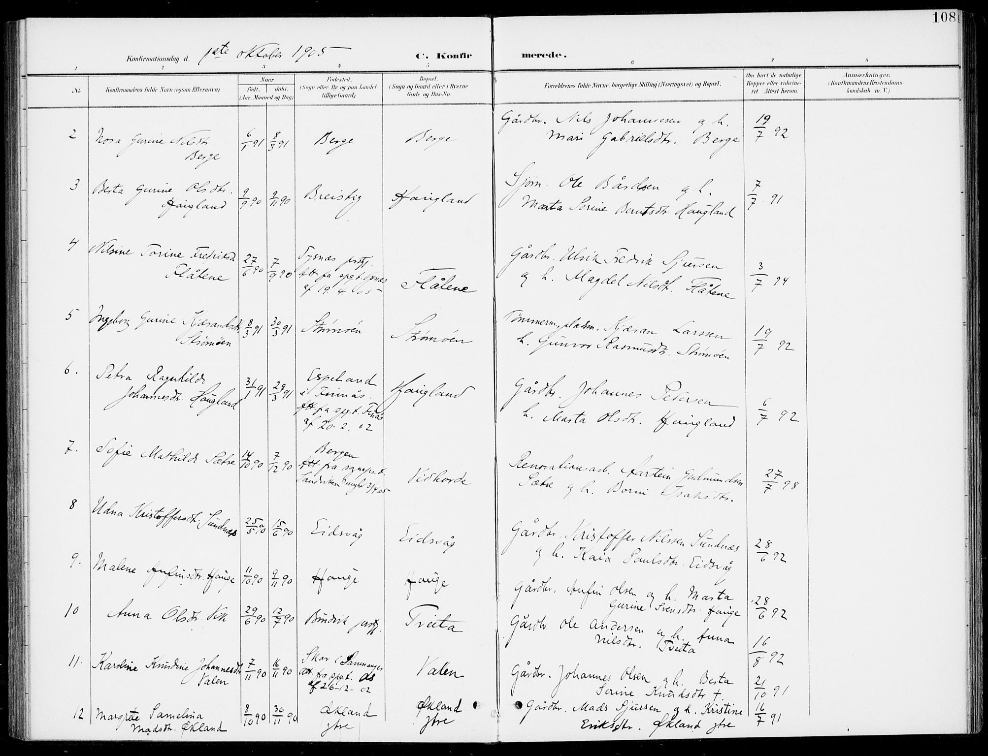 Sveio Sokneprestembete, SAB/A-78501/H/Haa: Parish register (official) no. C 3, 1899-1916, p. 108