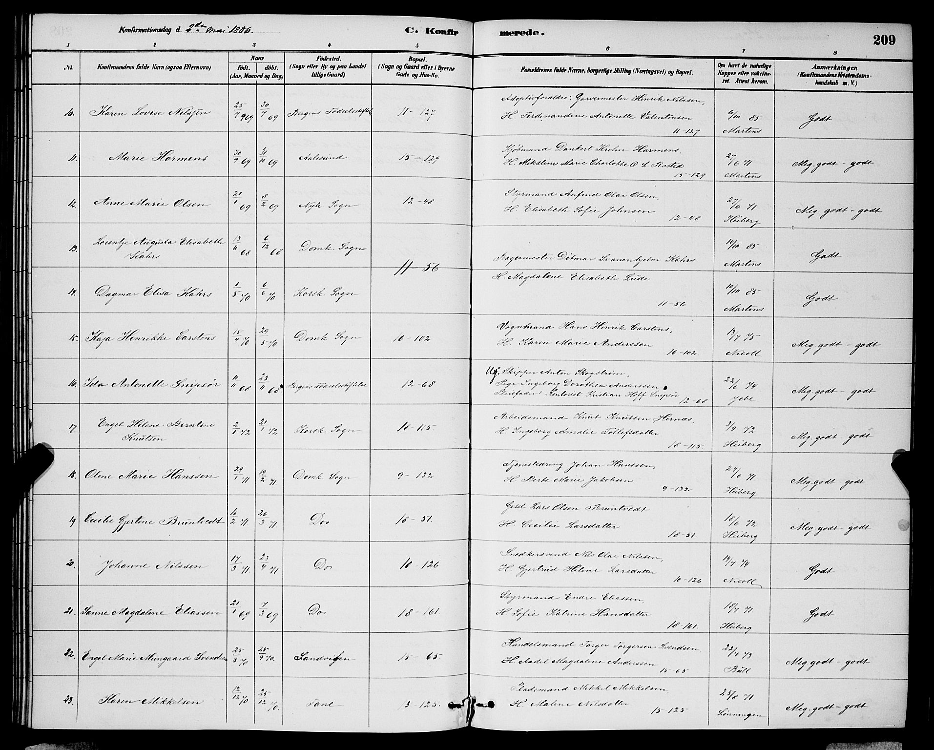 Domkirken sokneprestembete, AV/SAB-A-74801/H/Hab/L0024: Parish register (copy) no. C 4, 1880-1899, p. 209