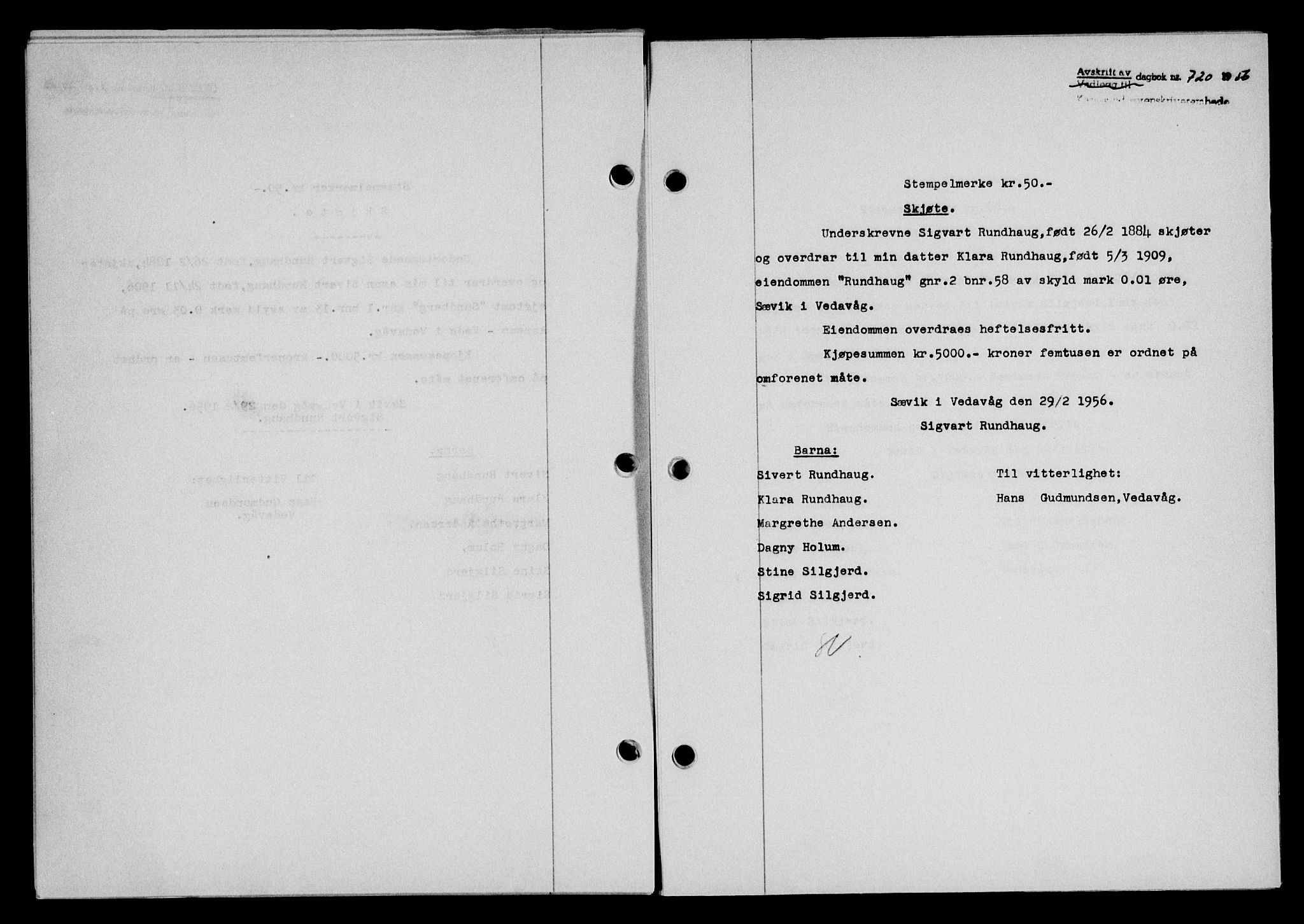 Karmsund sorenskriveri, SAST/A-100311/01/II/IIB/L0118: Mortgage book no. 98A, 1955-1956, Diary no: : 720/1956