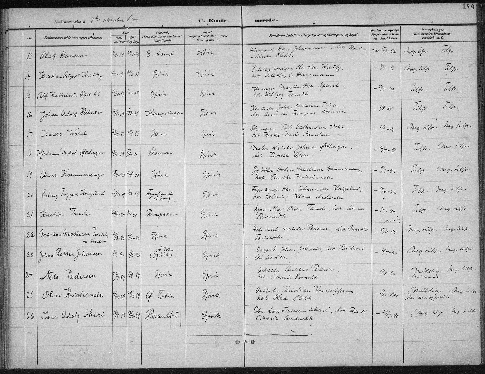 Vardal prestekontor, SAH/PREST-100/H/Ha/Haa/L0013: Parish register (official) no. 13, 1901-1911, p. 144