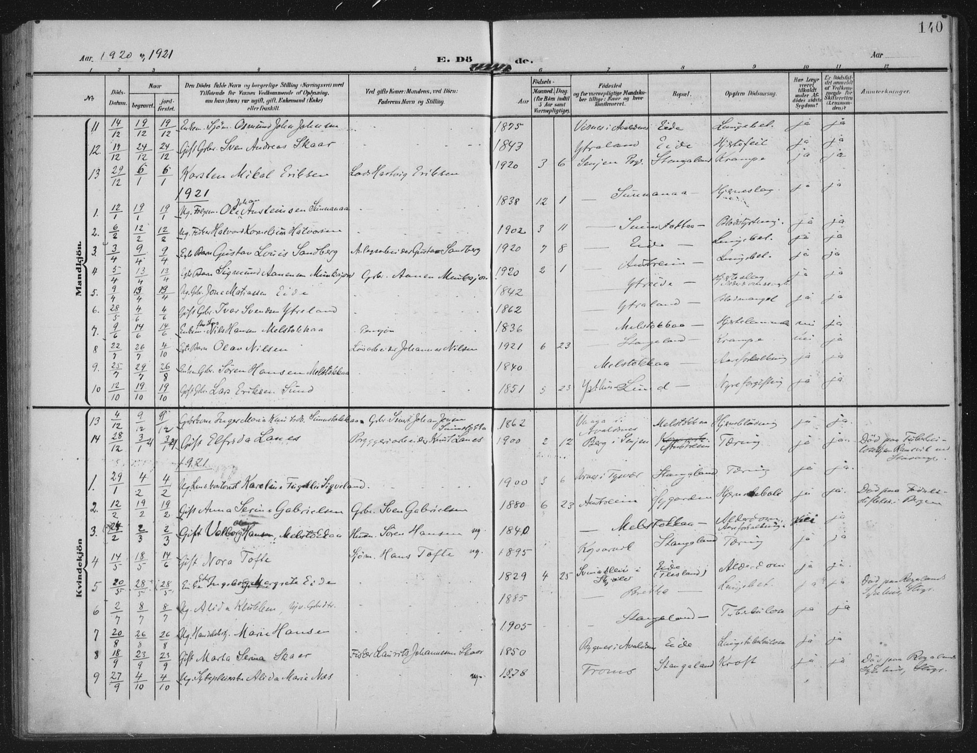 Kopervik sokneprestkontor, AV/SAST-A-101850/H/Ha/Haa/L0003: Parish register (official) no. A 3, 1906-1924, p. 140