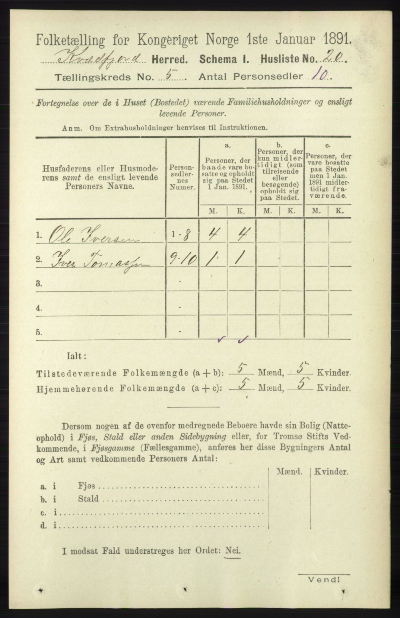 RA, 1891 census for 1911 Kvæfjord, 1891, p. 2784