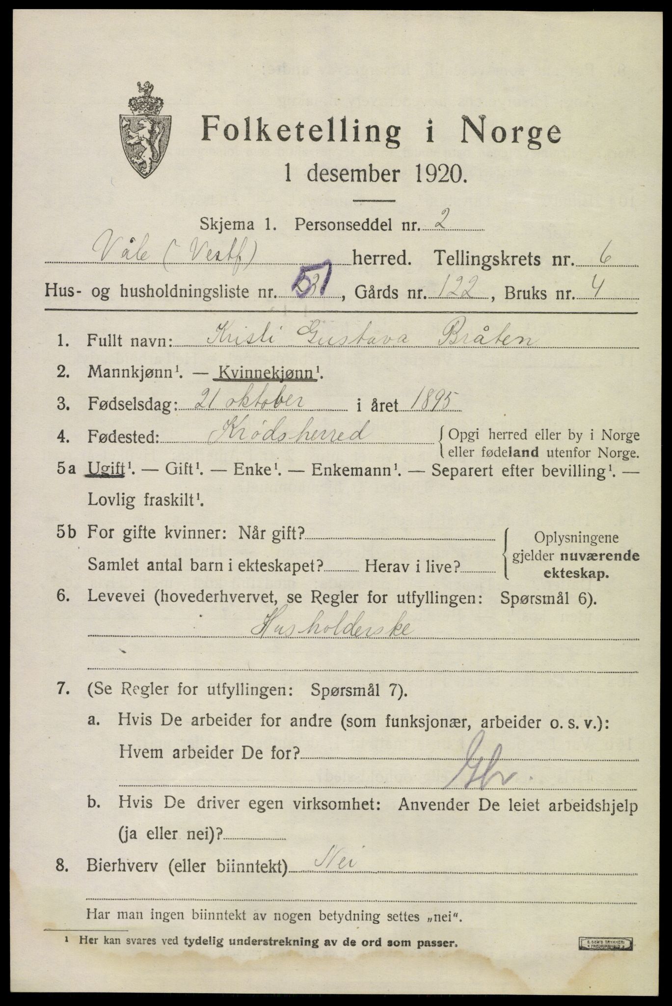 SAKO, 1920 census for Våle, 1920, p. 5474