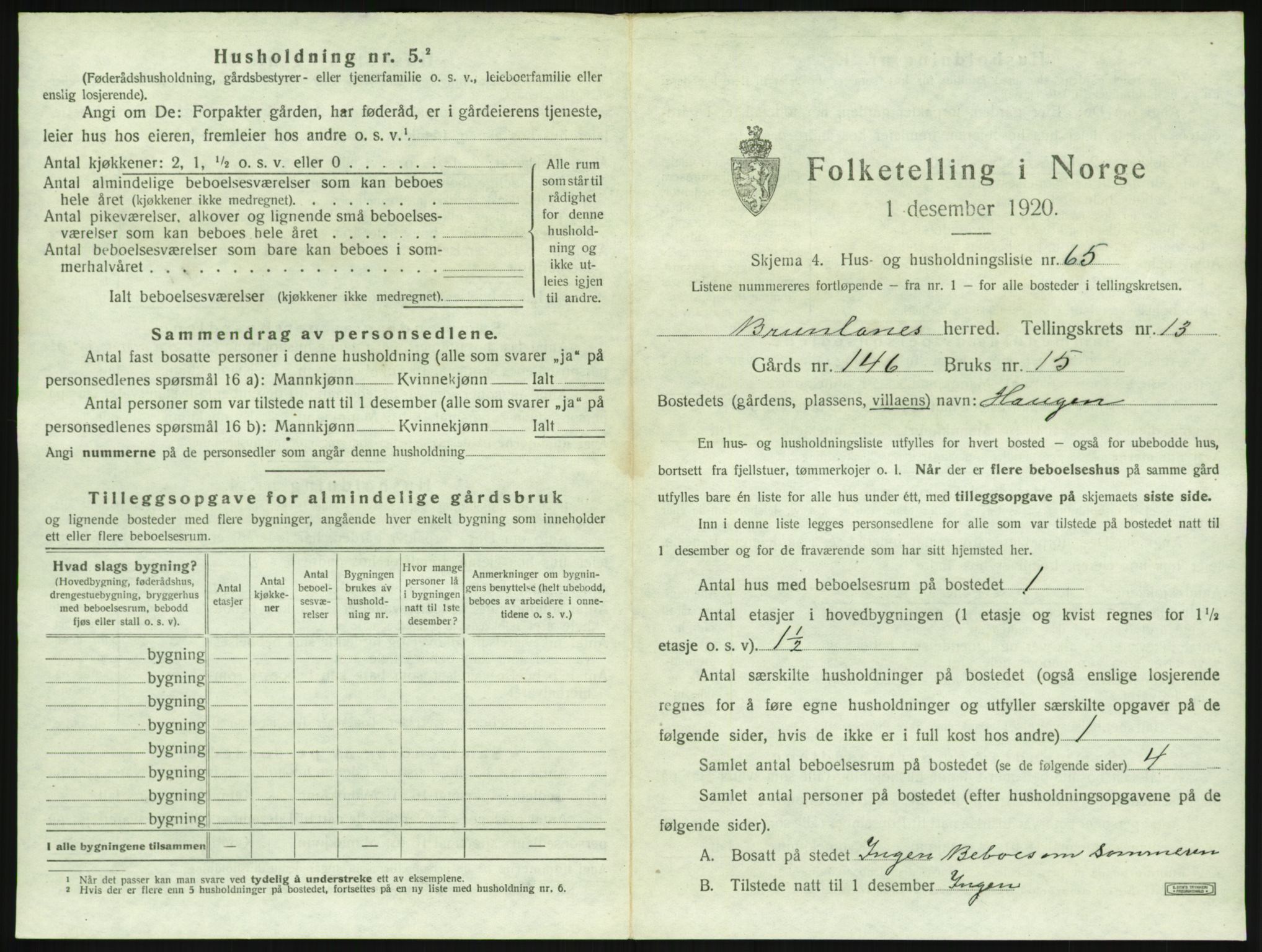 SAKO, 1920 census for Brunlanes, 1920, p. 1879