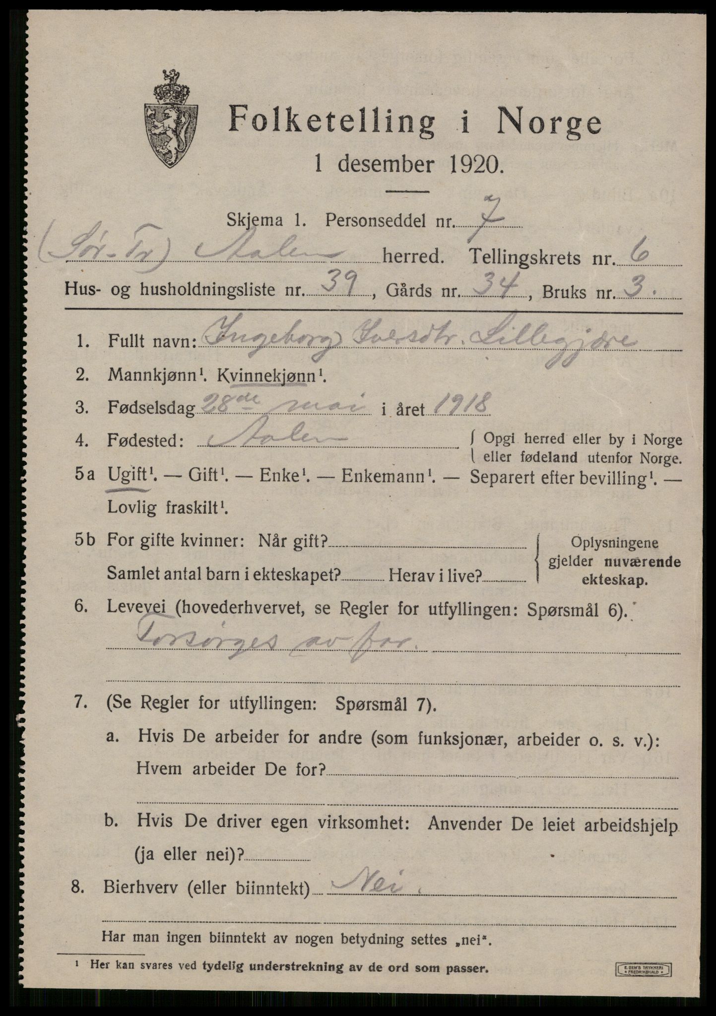 SAT, 1920 census for Ålen, 1920, p. 3366