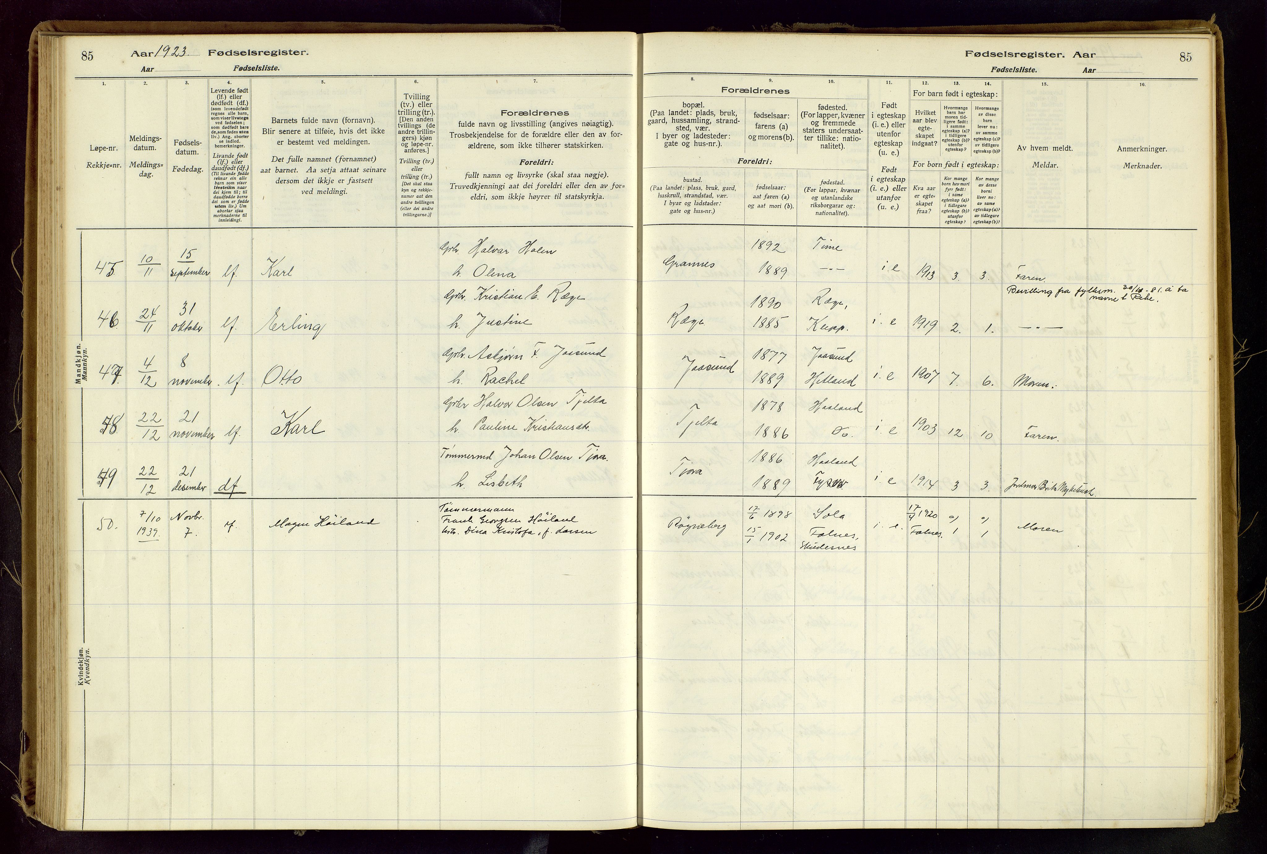 Håland sokneprestkontor, AV/SAST-A-101802/001/704BA/L0001: Birth register no. 1, 1916-1936, p. 85