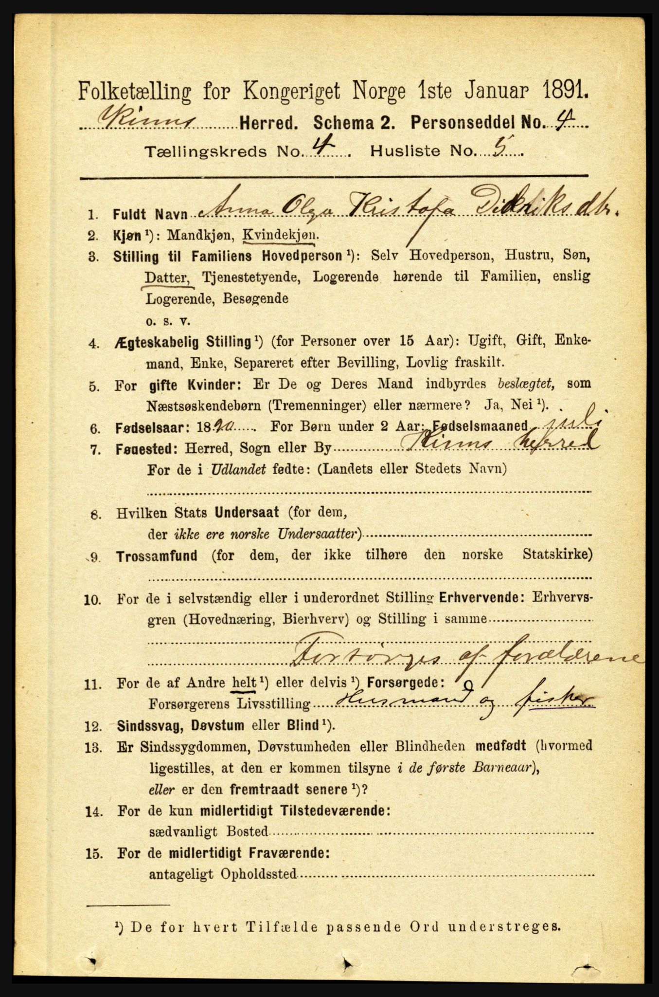 RA, 1891 census for 1437 Kinn, 1891, p. 1353