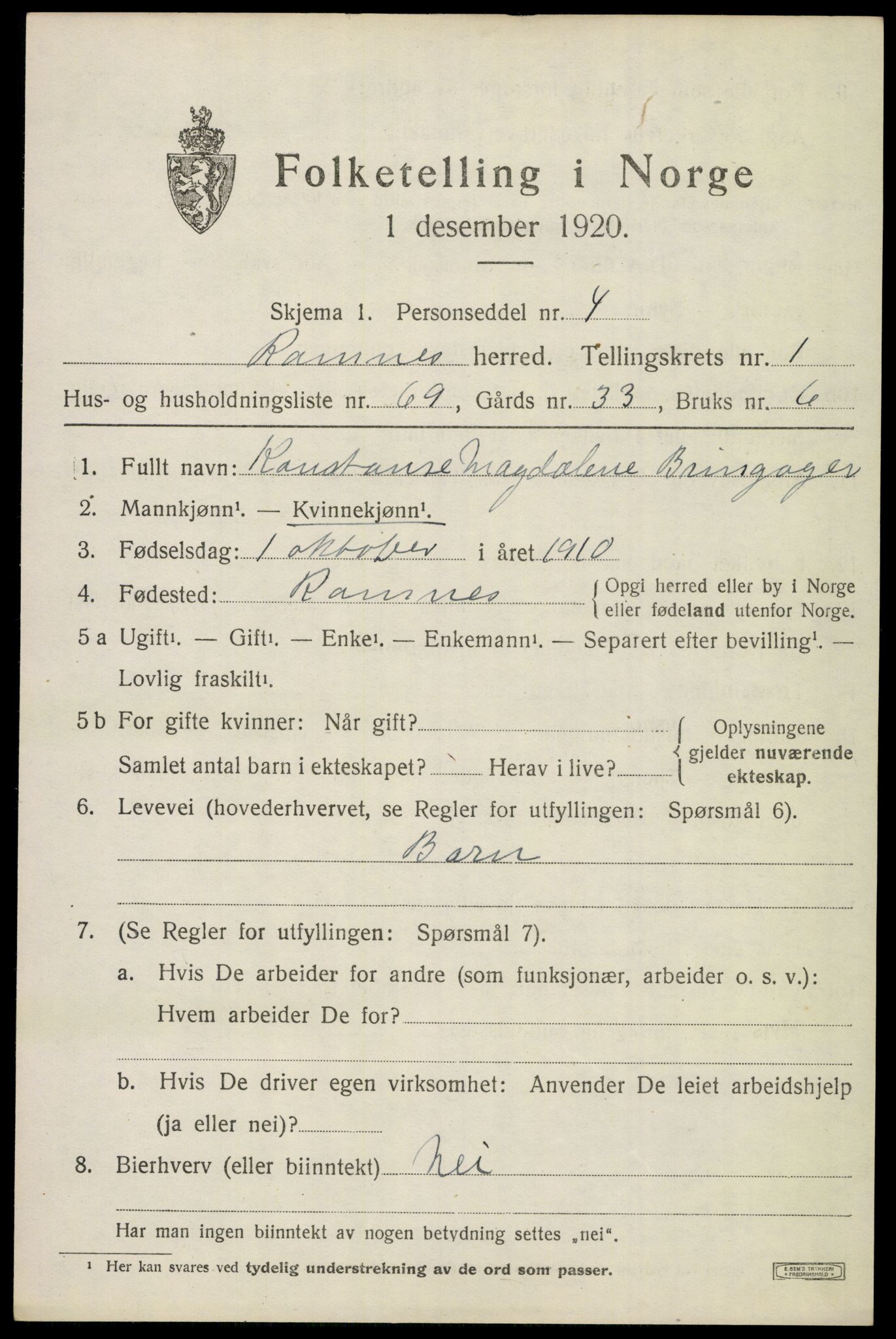 SAKO, 1920 census for Ramnes, 1920, p. 1986