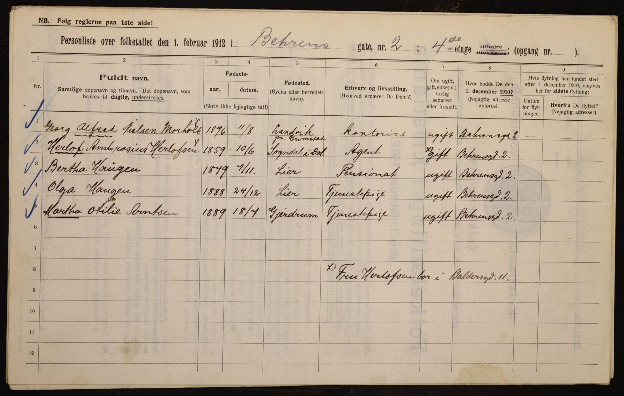 OBA, Municipal Census 1912 for Kristiania, 1912, p. 3259