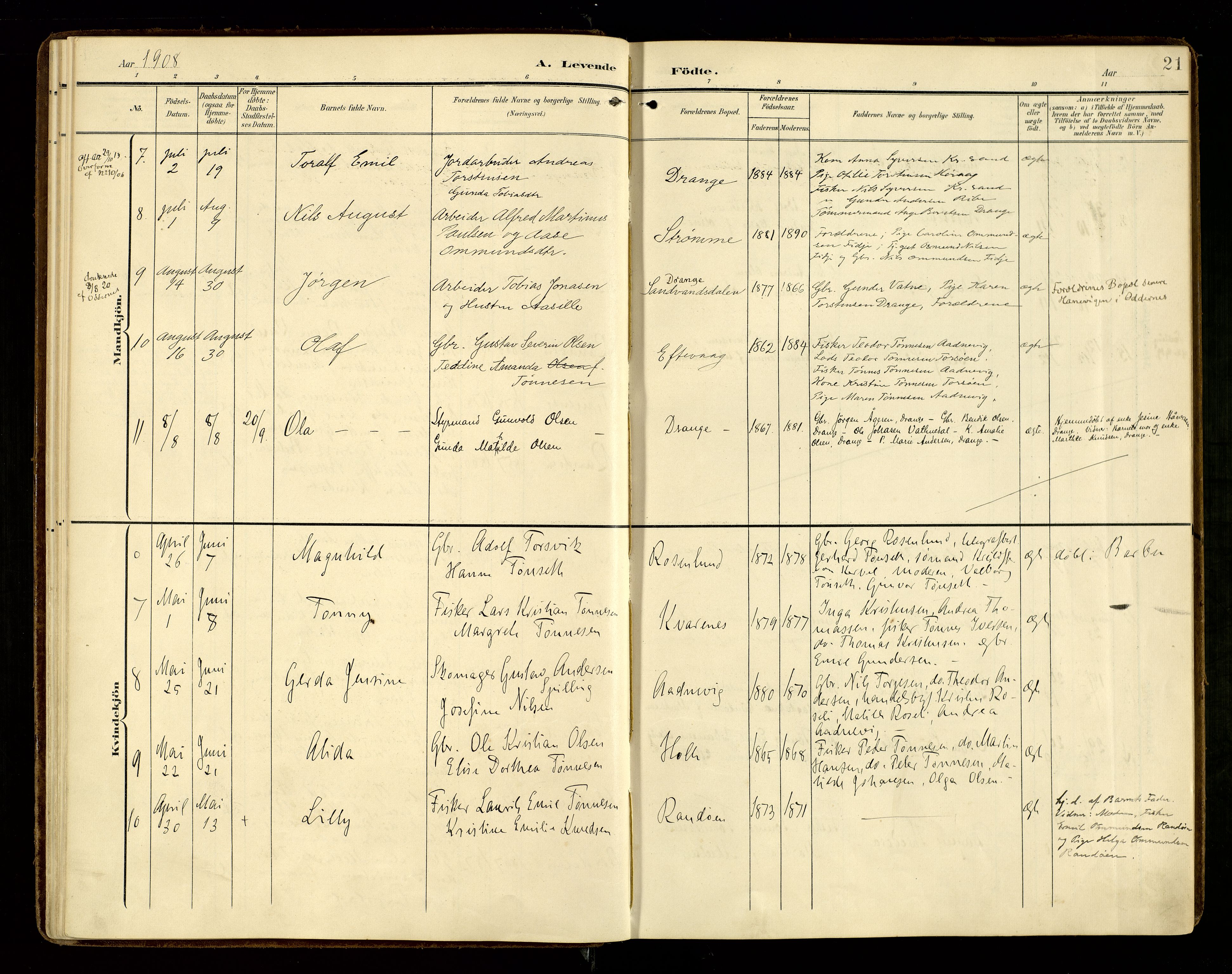 Oddernes sokneprestkontor, AV/SAK-1111-0033/F/Fa/Fab/L0003: Parish register (official) no. A 3, 1903-1916, p. 21