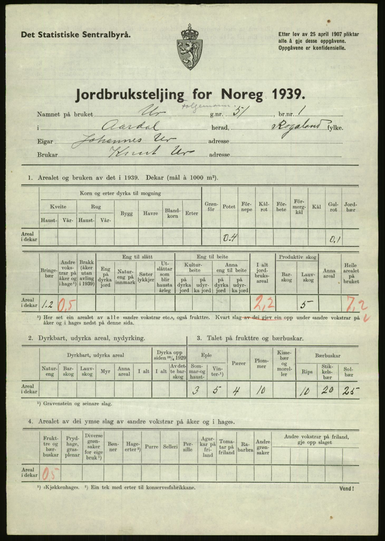 Statistisk sentralbyrå, Næringsøkonomiske emner, Jordbruk, skogbruk, jakt, fiske og fangst, AV/RA-S-2234/G/Gb/L0184: Rogaland: Årdal, Fister og Hjelmeland, 1939, p. 457