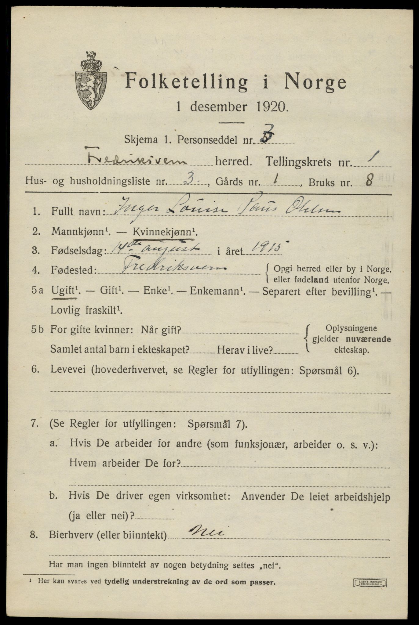 SAKO, 1920 census for Fredriksvern, 1920, p. 409