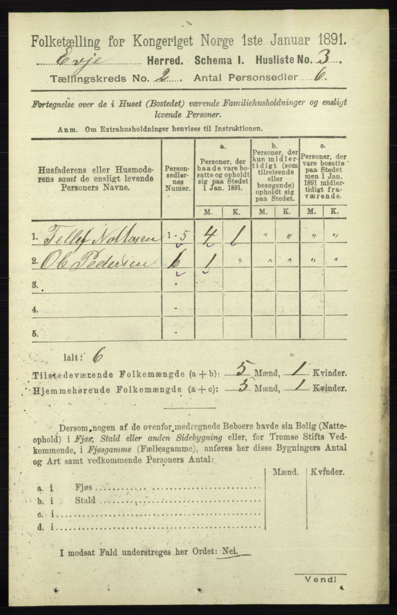 RA, 1891 census for 0937 Evje, 1891, p. 337