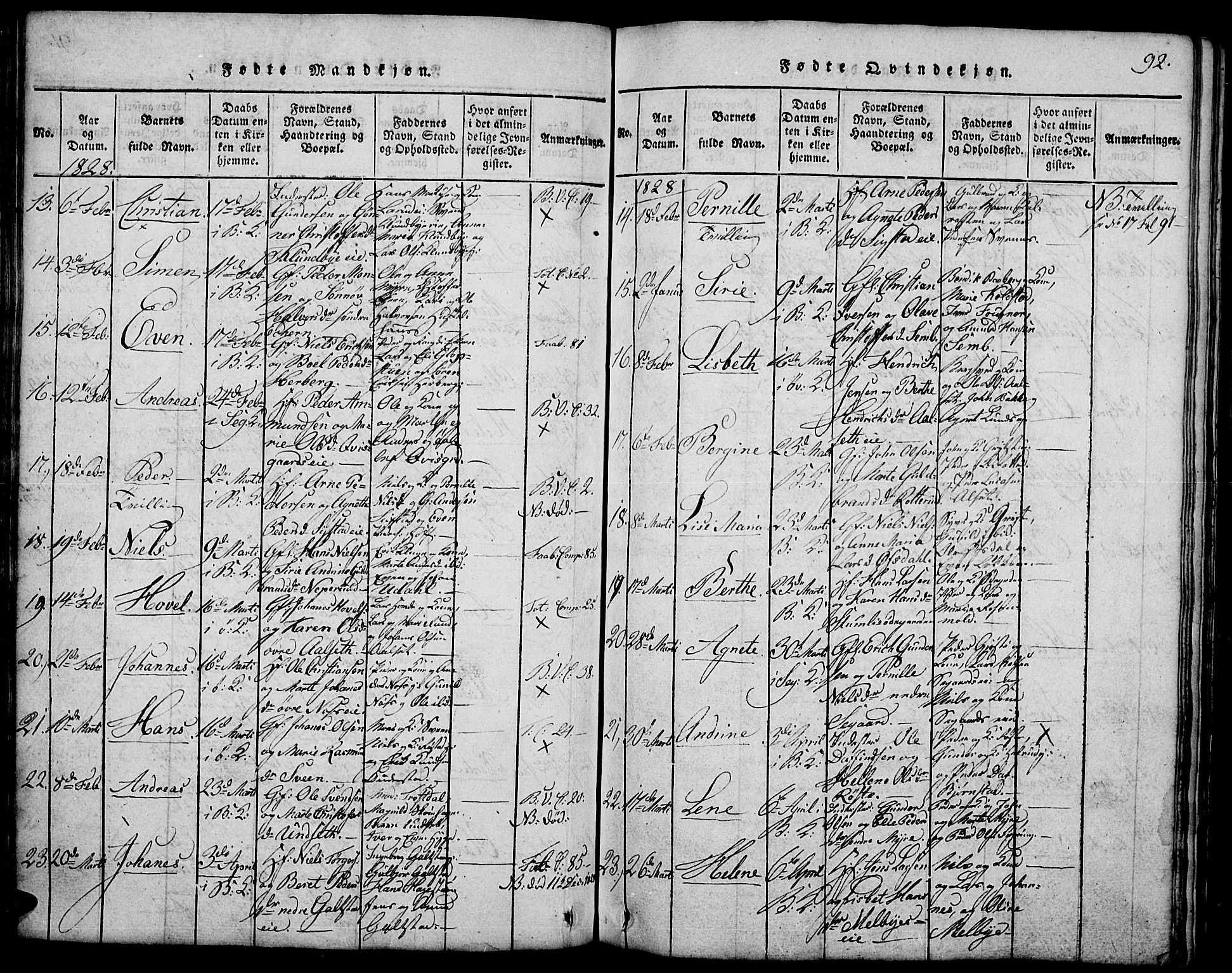 Biri prestekontor, AV/SAH-PREST-096/H/Ha/Hab/L0001: Parish register (copy) no. 1, 1814-1828, p. 92