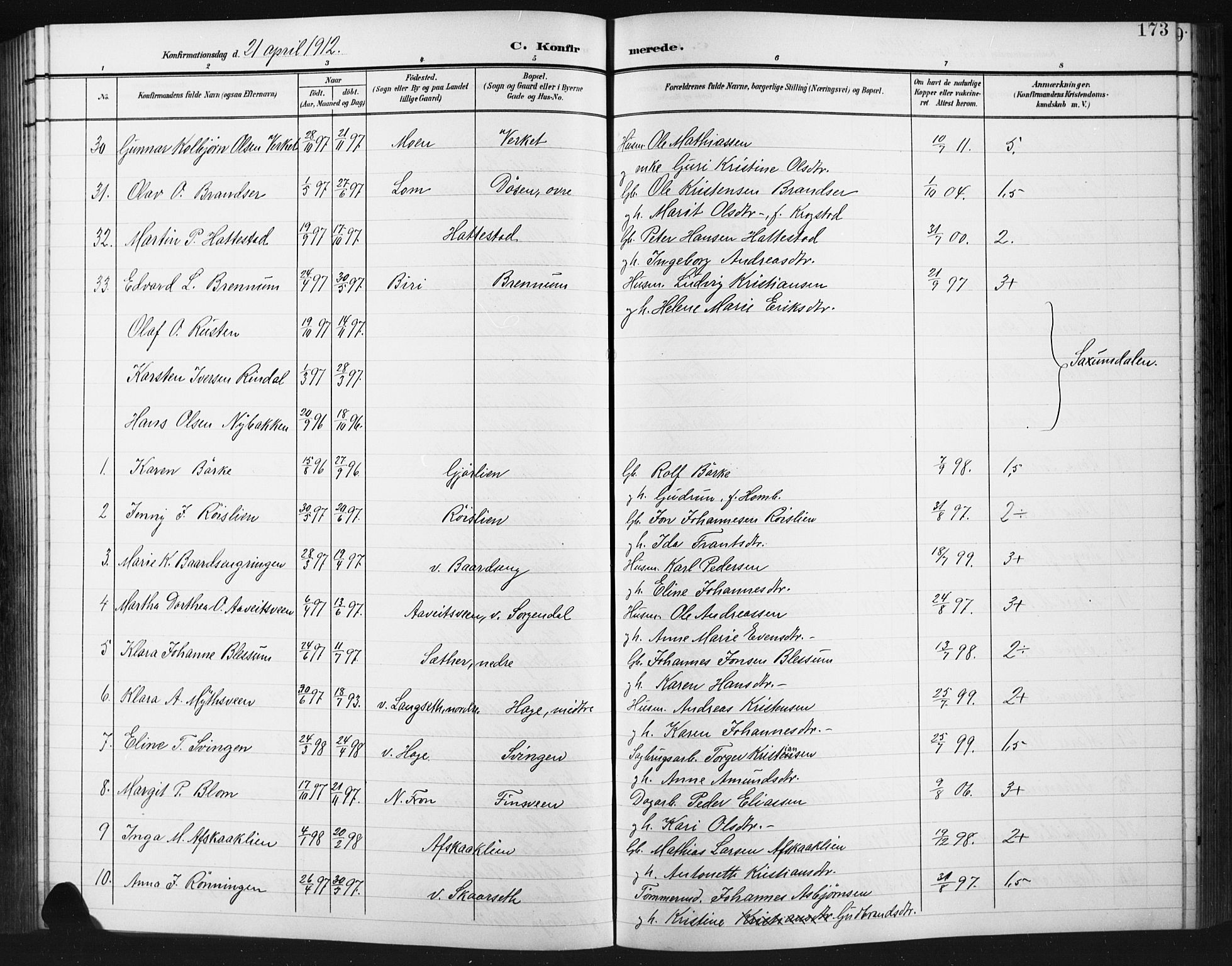 Fåberg prestekontor, AV/SAH-PREST-086/H/Ha/Hab/L0012: Parish register (copy) no. 12, 1903-1924, p. 173